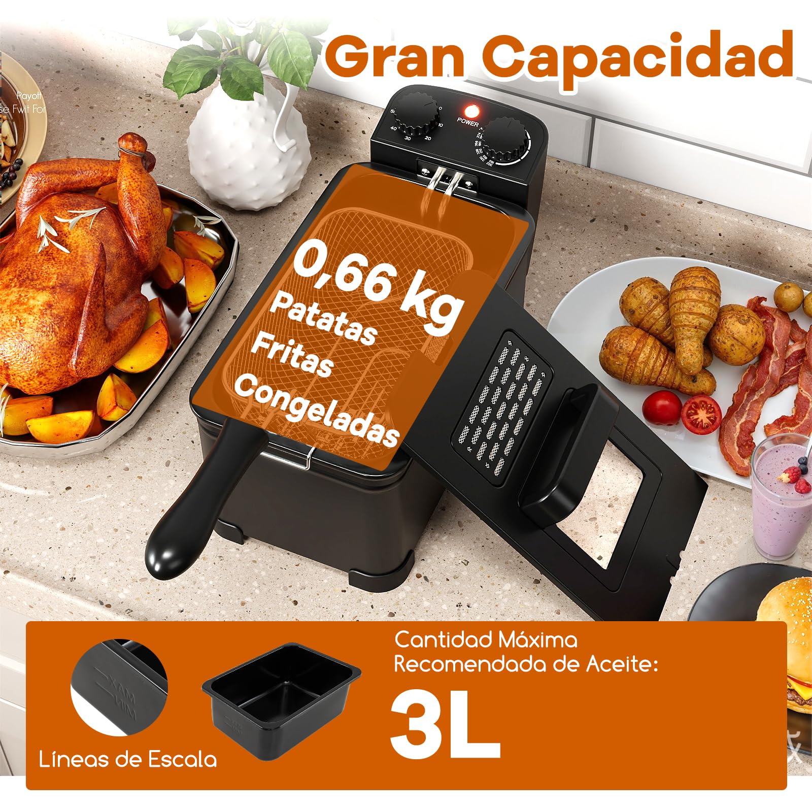COSTWAY Freidora Aceite 3L, 2000W, Freidora Eléctrica, Tapa con Ventana de Visualización, Temperatura Ajustables hasta 190 °C, Cesta de Acero Inoxidable y Tapa con Filtro Anti-Olores