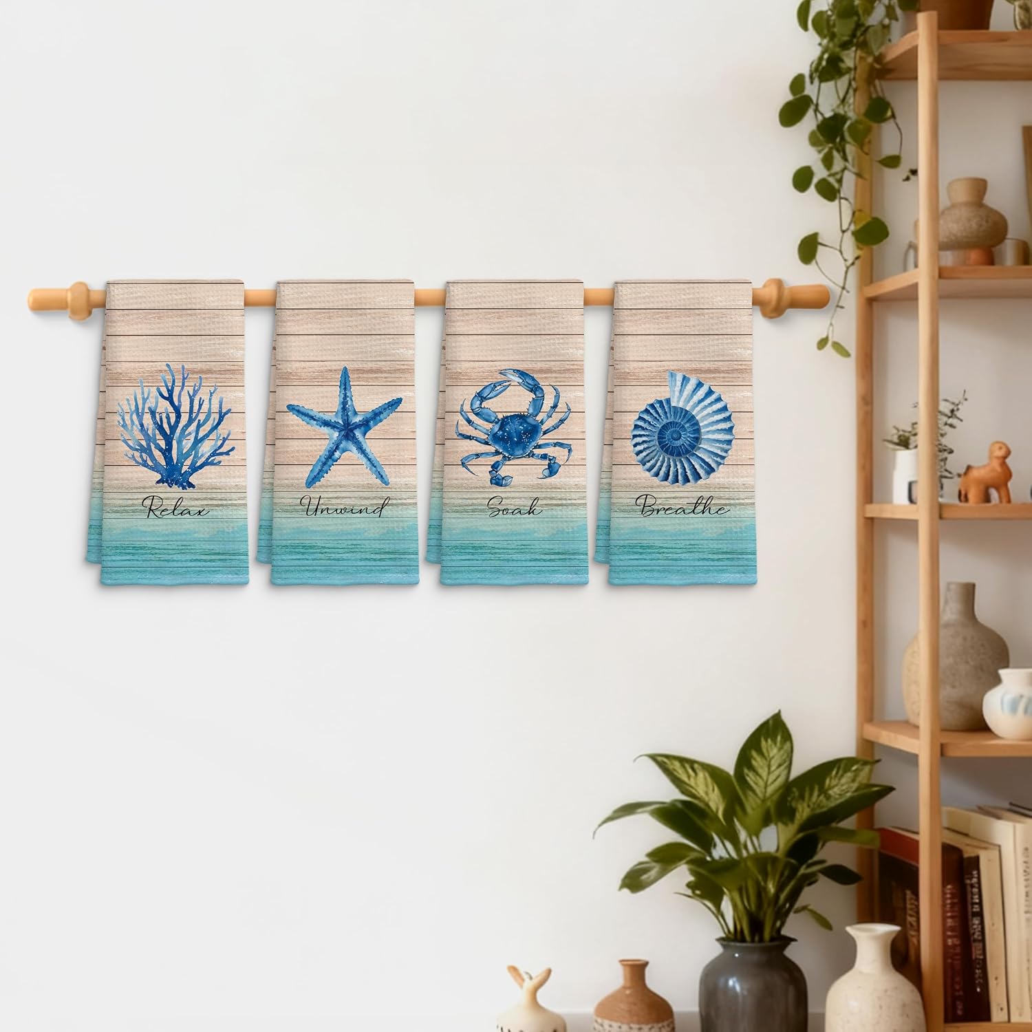 Rustic Blue Coastal Beach Bathroom Hand Towels Set of 4, Coral Starfish Crab Conch Relax Unwind Soak Breathe Decorative Hand Towels for Spa Yoga Gym Bathroom Washroom, 16x24 Inch