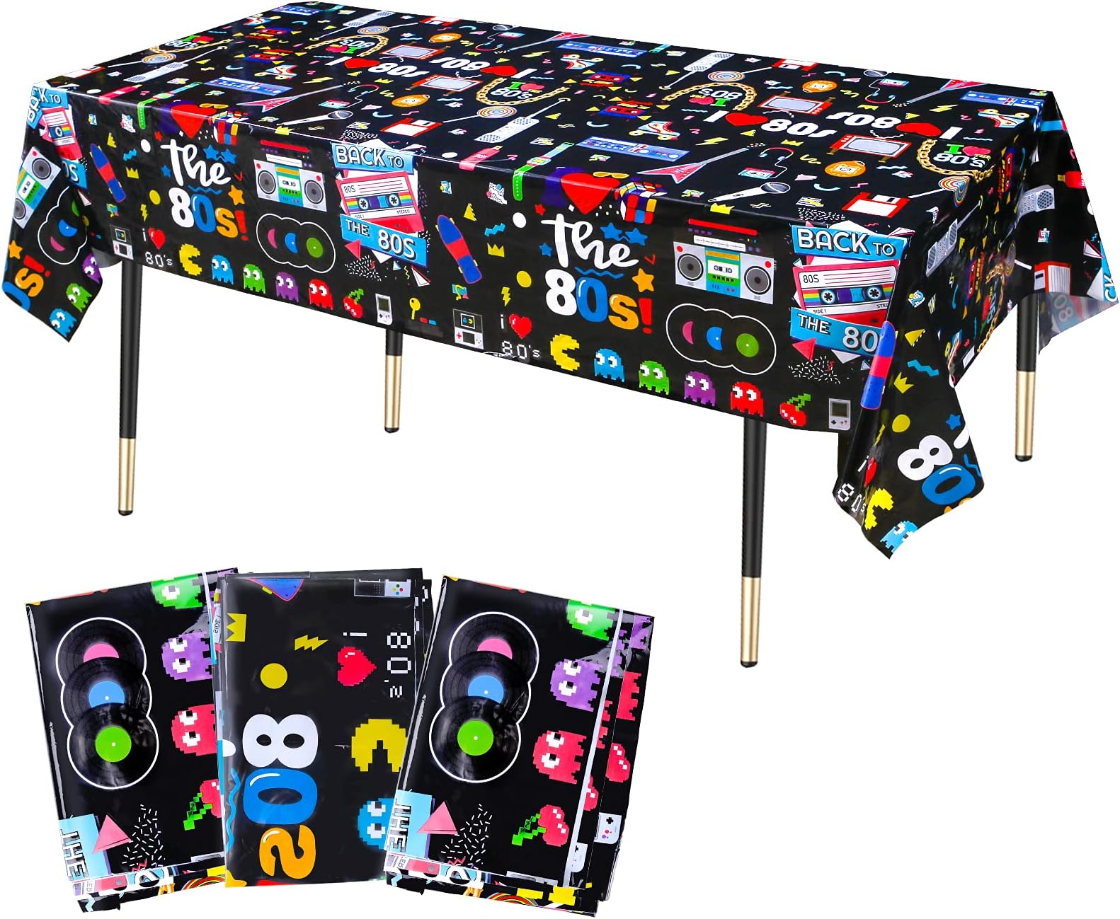 Lcoor 3 Pieces 80s Party Tablecloth, Back to 80's Birthday Party Table Cover for 1980s Hip Hop Theme Party Decorations Supplies(86.6 x 51.2 Inches)