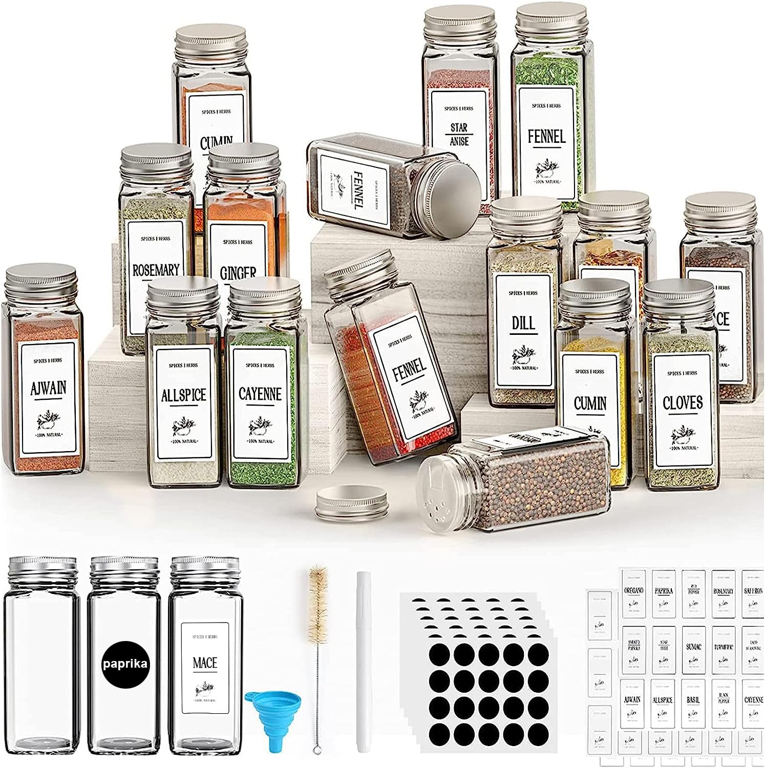 Sponsored Ad – Spice Storage Solution - 16 Pack Glass Jars With Shaker Lids - 120ml Square Kitchen Spice Containers for Salt, Pepper, Herbs and More