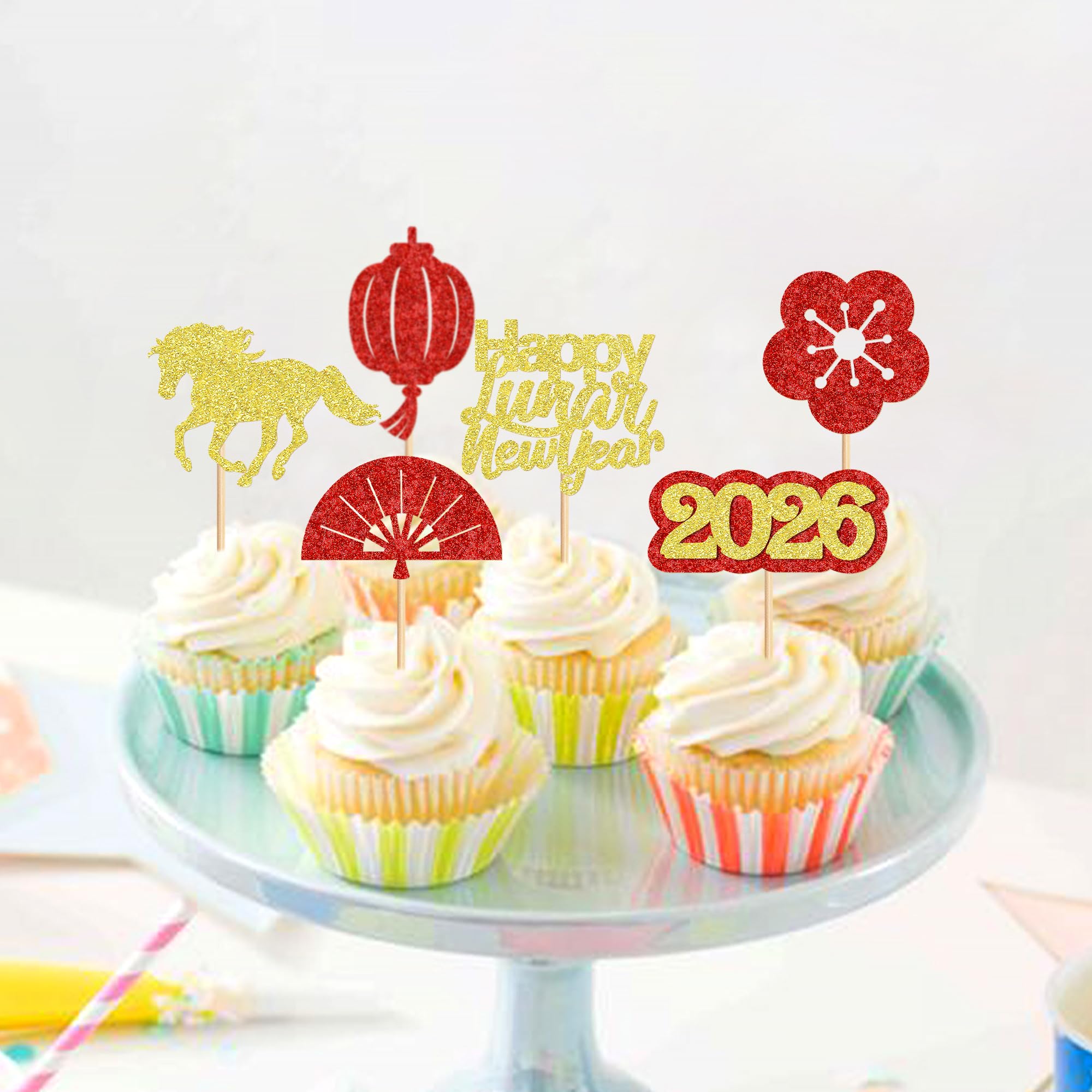 Blumomon 24Pcs Happy New Year Cupcake Toppers 2026 Horse Year Cupcake Toppers Picks 2026 Celebration Party Decorations New Years Eve Holiday Decor Glitter Party Accessories - Image 3