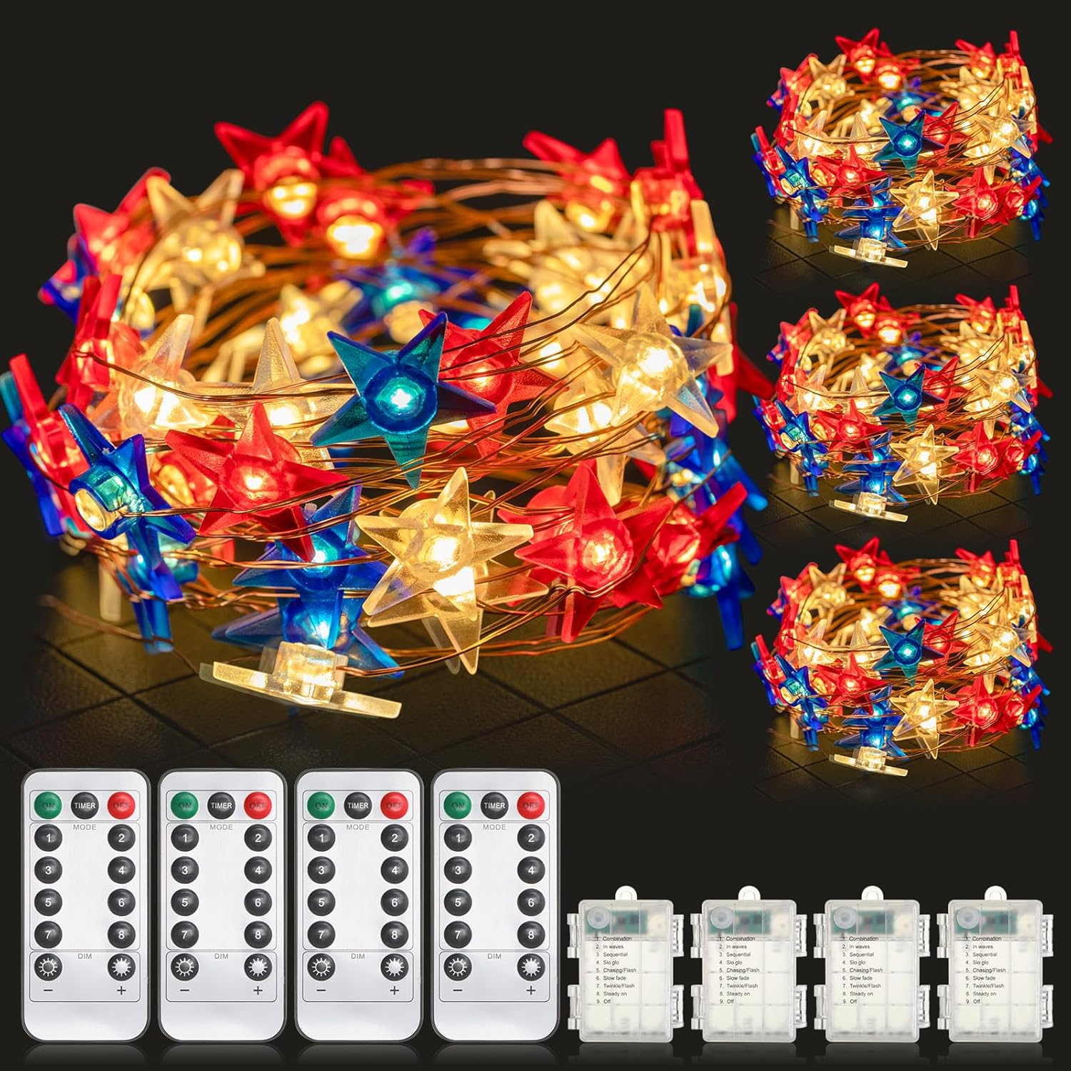 4 Pcs Veterans Day String Lights Decorations Patriotic Red White Blue Star Fairy Lights 16 ft Twinkle String Lights 50 LED Star Hanging Lights for Indoor Memorial Day with Timer & Remote