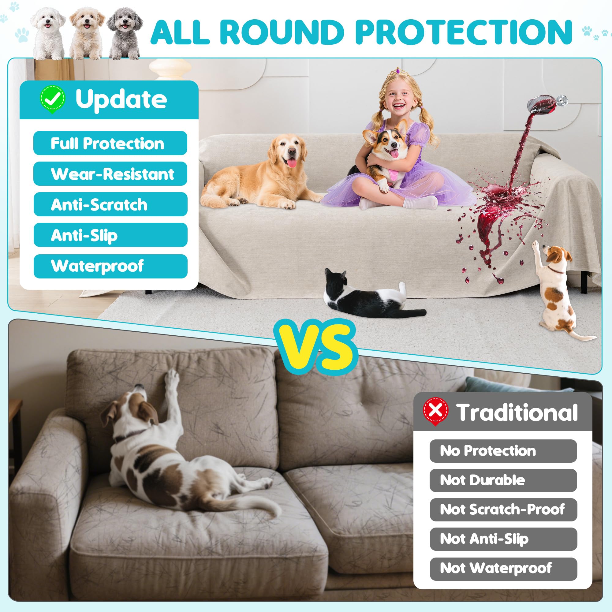 Loiion 100% Sofabezug Wasserdicht, Sofaüberwurf rutschfest Schutz Hund, Urin Schutz Sofa​ für Katzen​ Hunde Haustier, Couch Überzug Wasserdicht 2 Sitzer, Hellbraun, 300x180 cm
