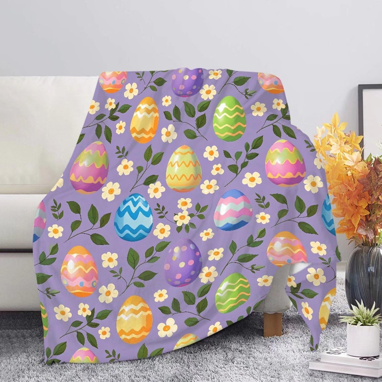 FKELYI Purple Easter Eggs Home Decor Throw Blanket Super Soft Plush Flannel Blanket for Sofa Bed Travel M