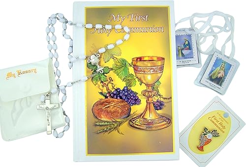 Juego de primera comunión para niñas con libro de misa, rosario, escapulario y alfiler de solapa