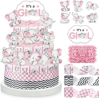 Fuutreo Elephant Baby Shower Diaper Cake Kit for Girl Elephant Baby Shower Decorations with Diaper Cake Ribbon Cutouts Gender Reveal Cards, Raffia for Gender Reveal Party Birthday Table Decor Supplies - Buy now