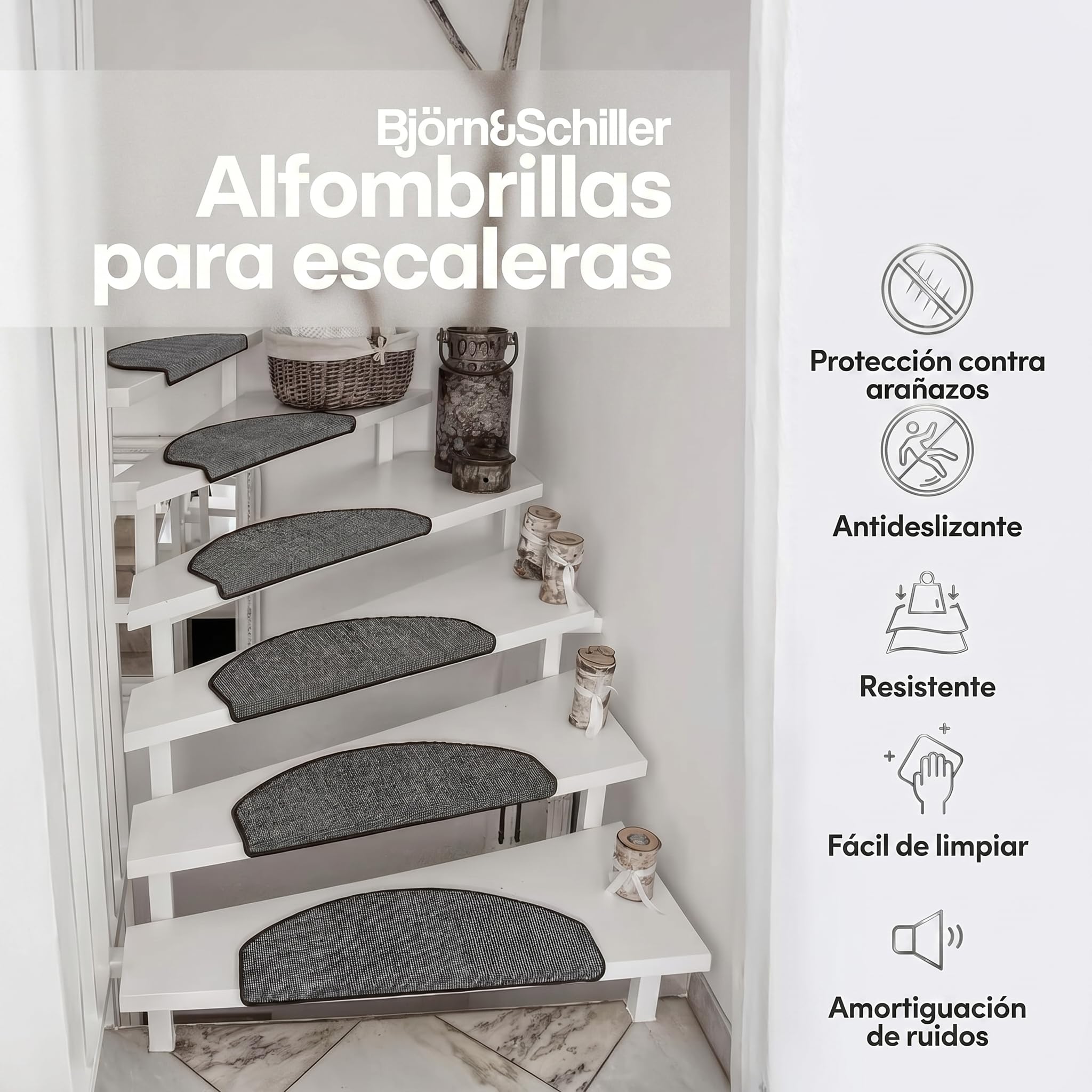 Björn&Schiller Alfombrillas para escaleras, Set de 15 peldaños autoadhesivos, Alfombrillas Antideslizantes para escaleras, moqueta para peldaños, Forma semicircular, Alfombra Escalera, Gris