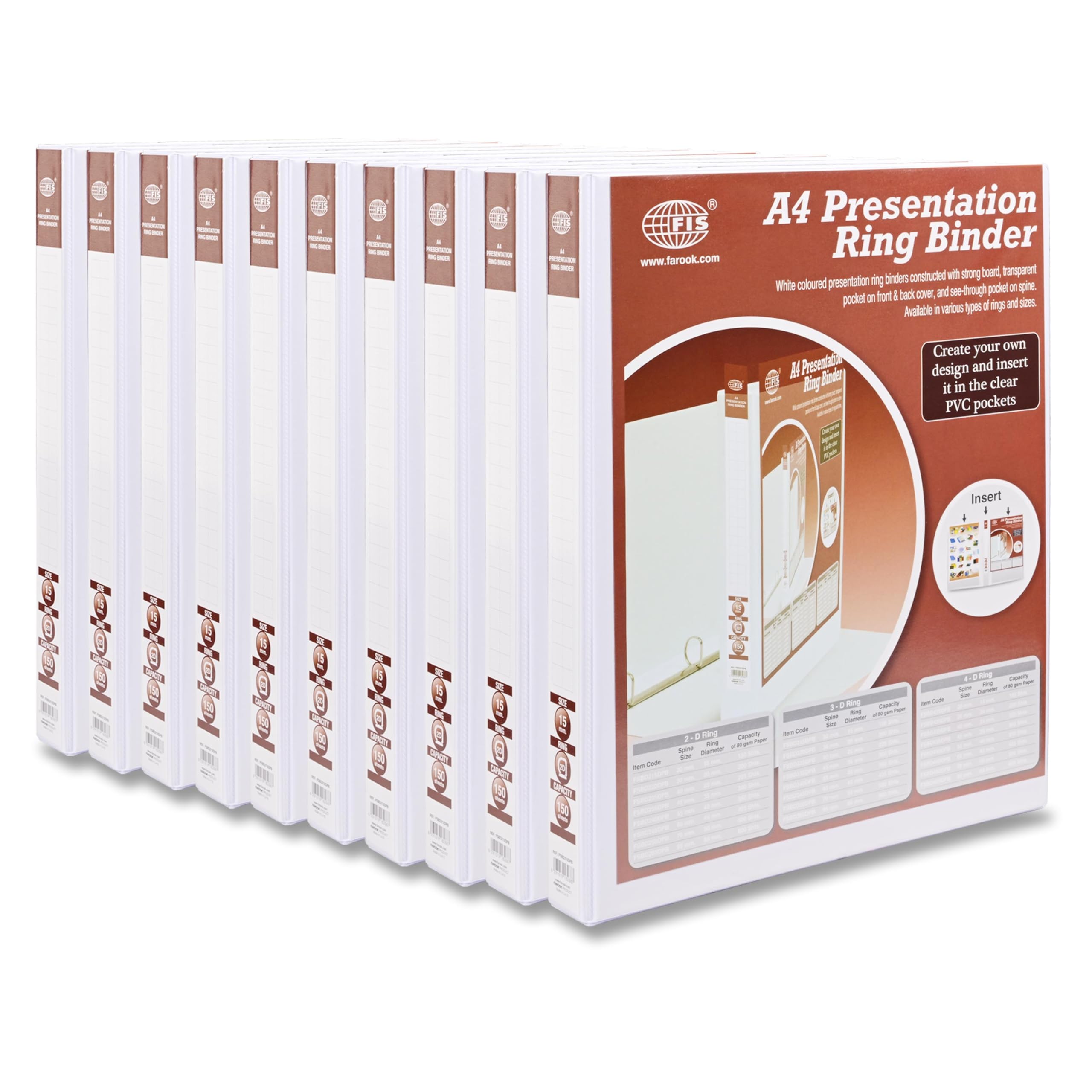 FIS® Presentation Binder A4 Size(210x297mm) Documents, 2[D] Ring Type, 15mm Ring Size, 1.25 Inches Spine Size with Clear PVC Pocket for Your Label Design, Box of 10 Pieces, White Color-FSBD215DPB10