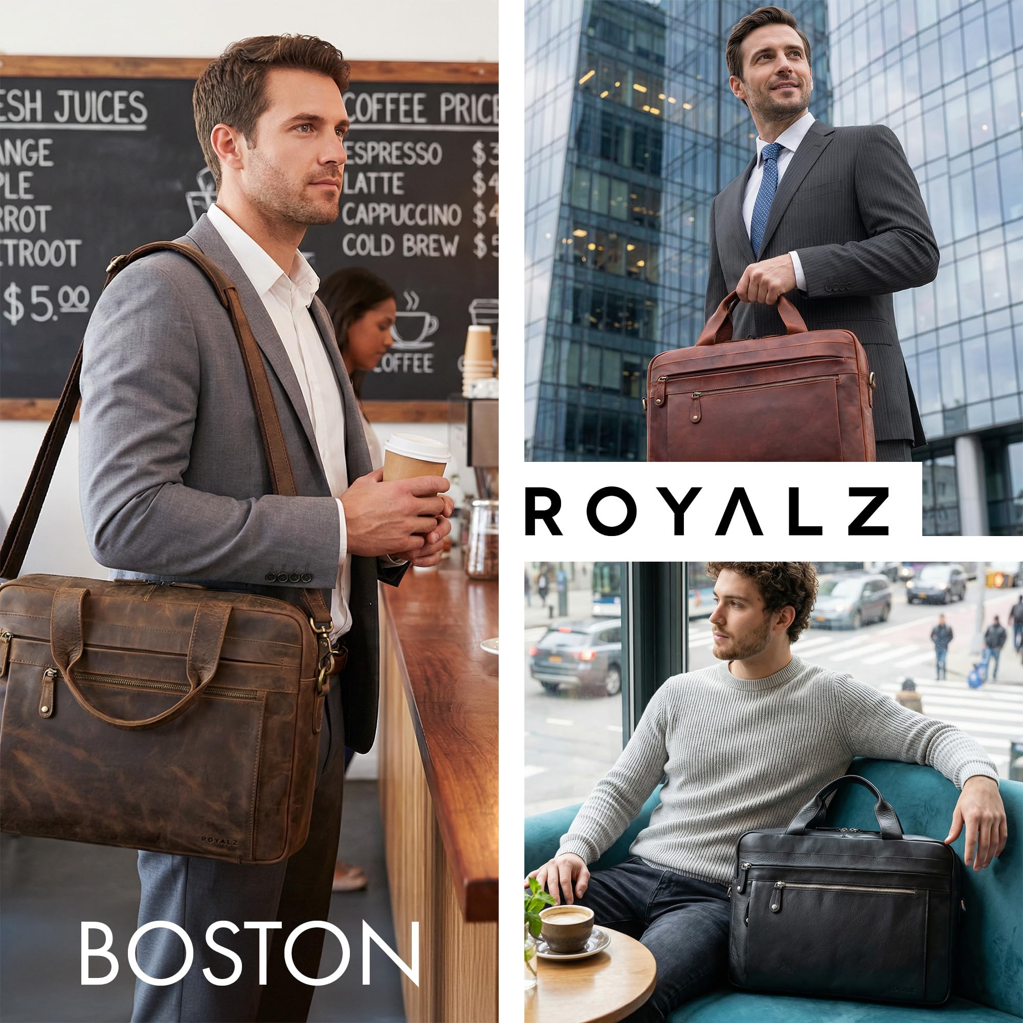 ROYALZ "Boston Aktentasche Herren Leder Business - Laptoptasche 14-17 Zoll aus Echtleder Umhängetasche Männertasche für Arbeit Alltag Reisen - Vintage Design Ledertasche;Farbe:Ohio Braun