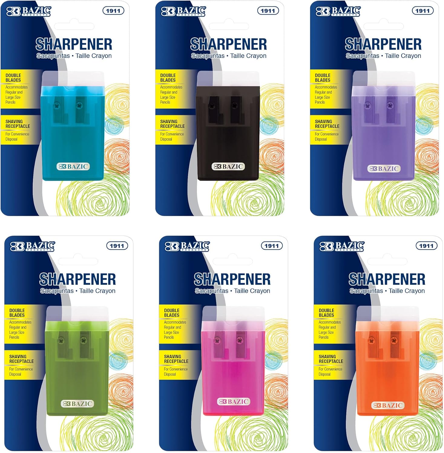 BAZIC Products Pencil Sharpener Dual Blades w/Lid & Receptacle, Standard & Jumbo Size Pencils Crayon, Double Blade Sharpeners for Office School, 1 Unit, Random Color