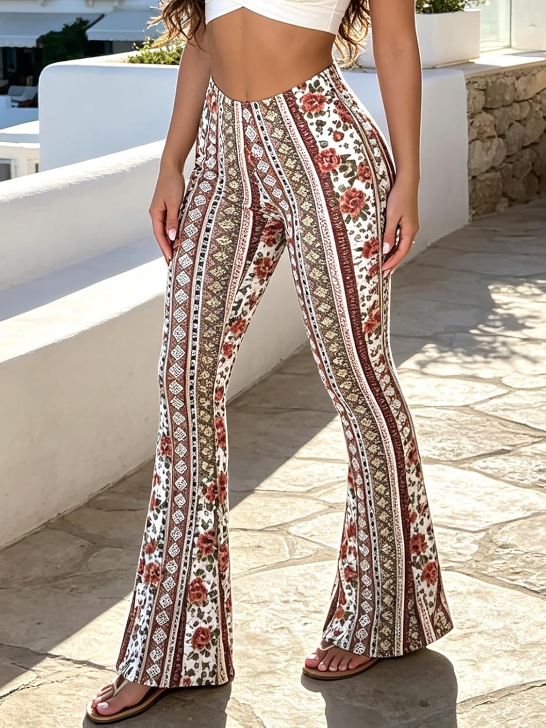 LONGBIDA Women's Flare Yoga Leggings High Waisted Boho Palazzo Bell Bottoms image 3