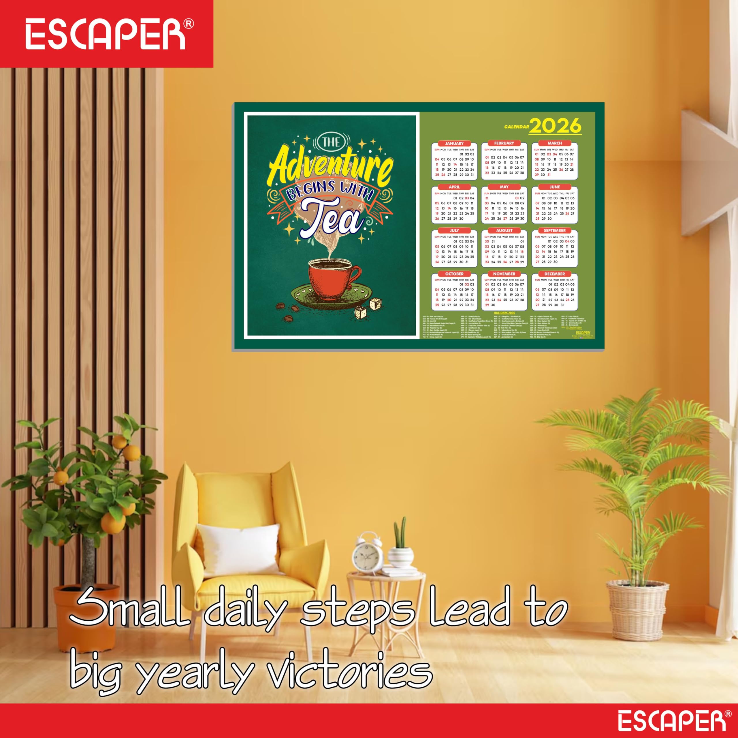 ESCAPER Tea Lovers - Calendario de pared 2026 – 12 x 18 pulgadas, papel laminado de 300 g/m², calendario autoadhesivo de una sola página para decoración de oficina, hogar y cafetería, regalo perfecto