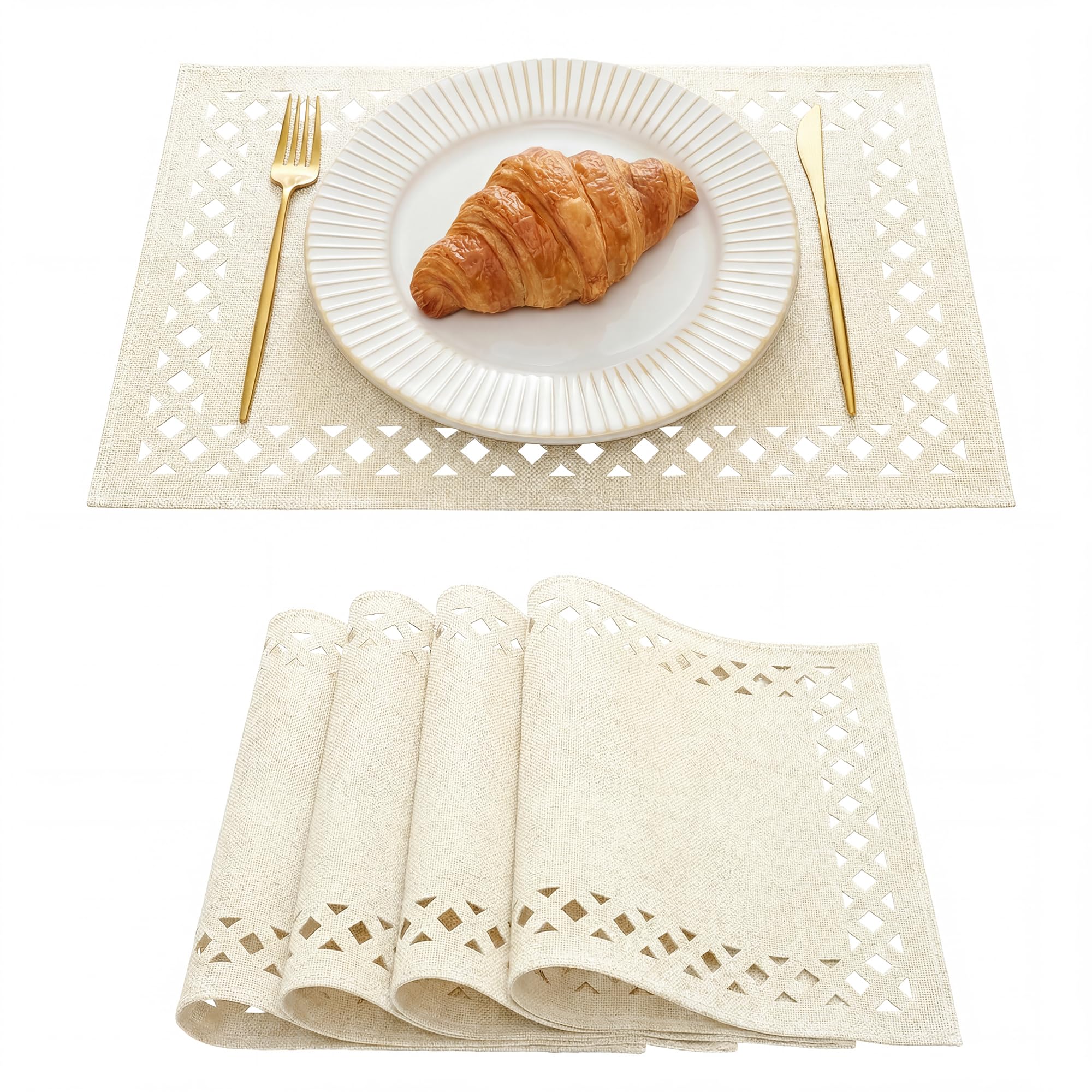 Artoid Mode Beige Geometric Hollow Linen Placemats 30x45 cm Set of 4