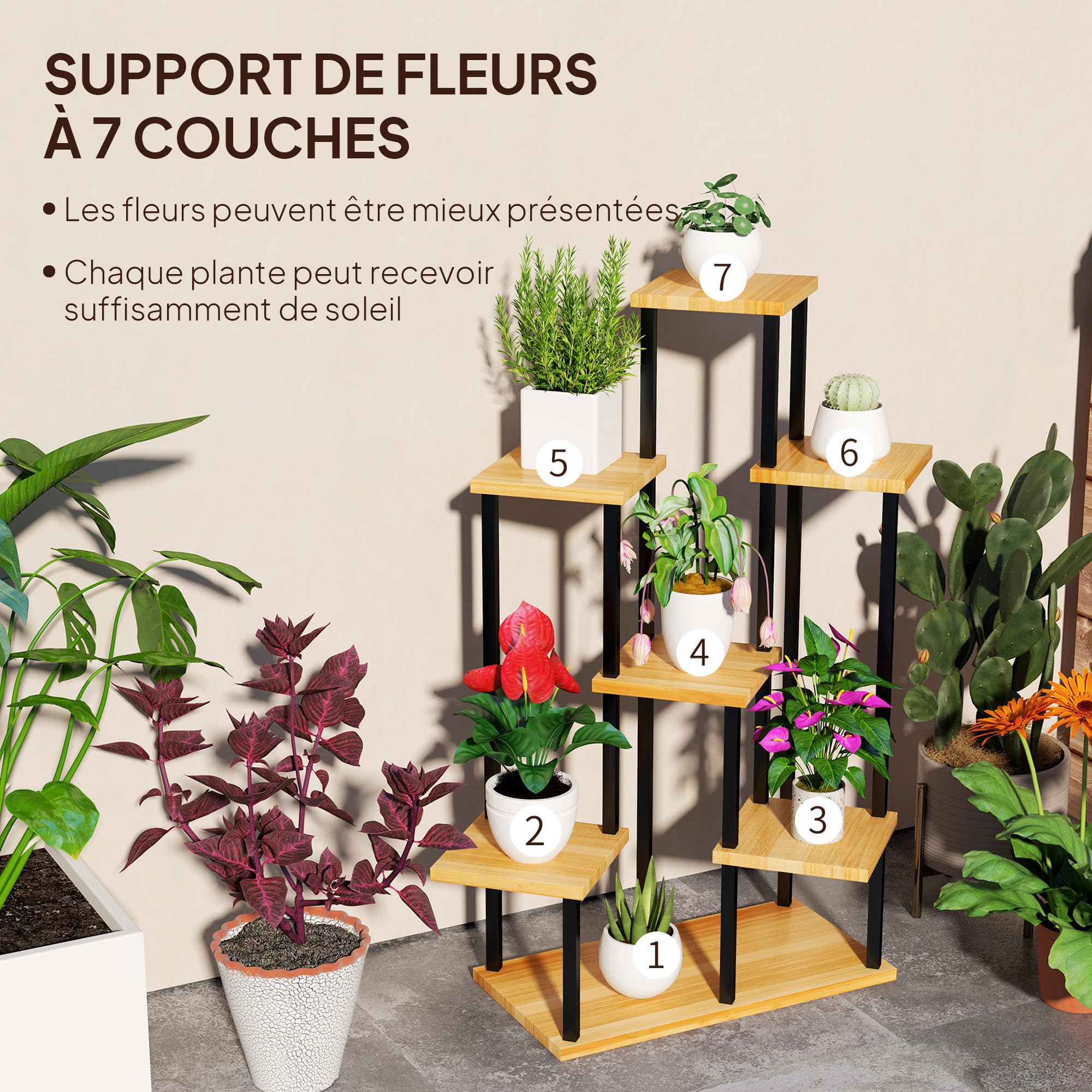 Outsunny Support à plantes à 7 niveaux pour intérieur et extérieur, étagère plante en acier et bois, porte plantes pour jardin, terrasse, balcon, salon, bois naturel
