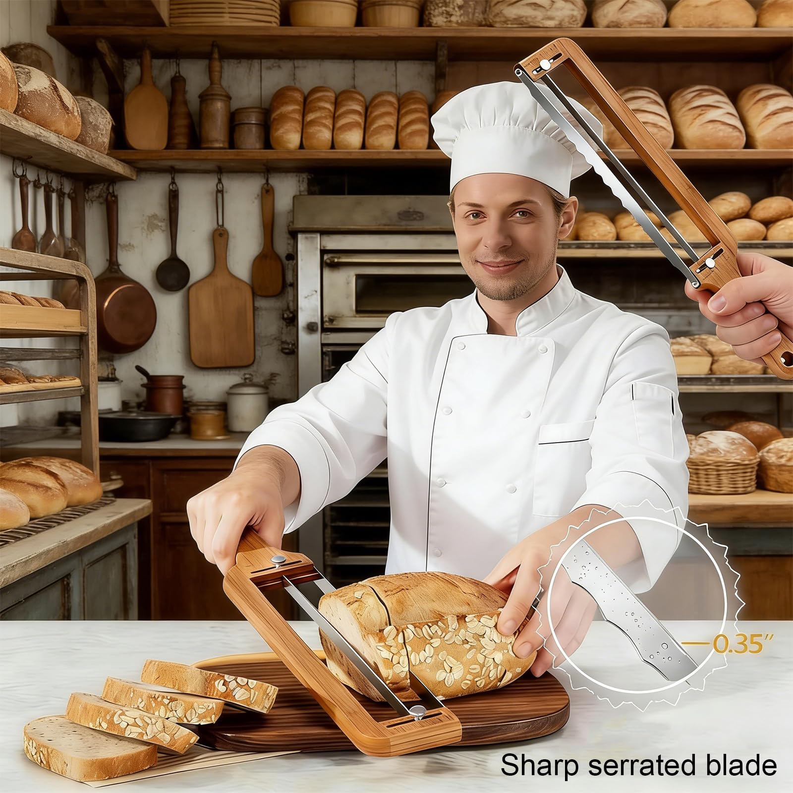 Coltello da Pane Professionale a Doppia Lama Seghettata 28 cm, Tagliapane Manuale con Manico in Legno per Pane, Filoni e Panettone, Affilato e Precisione