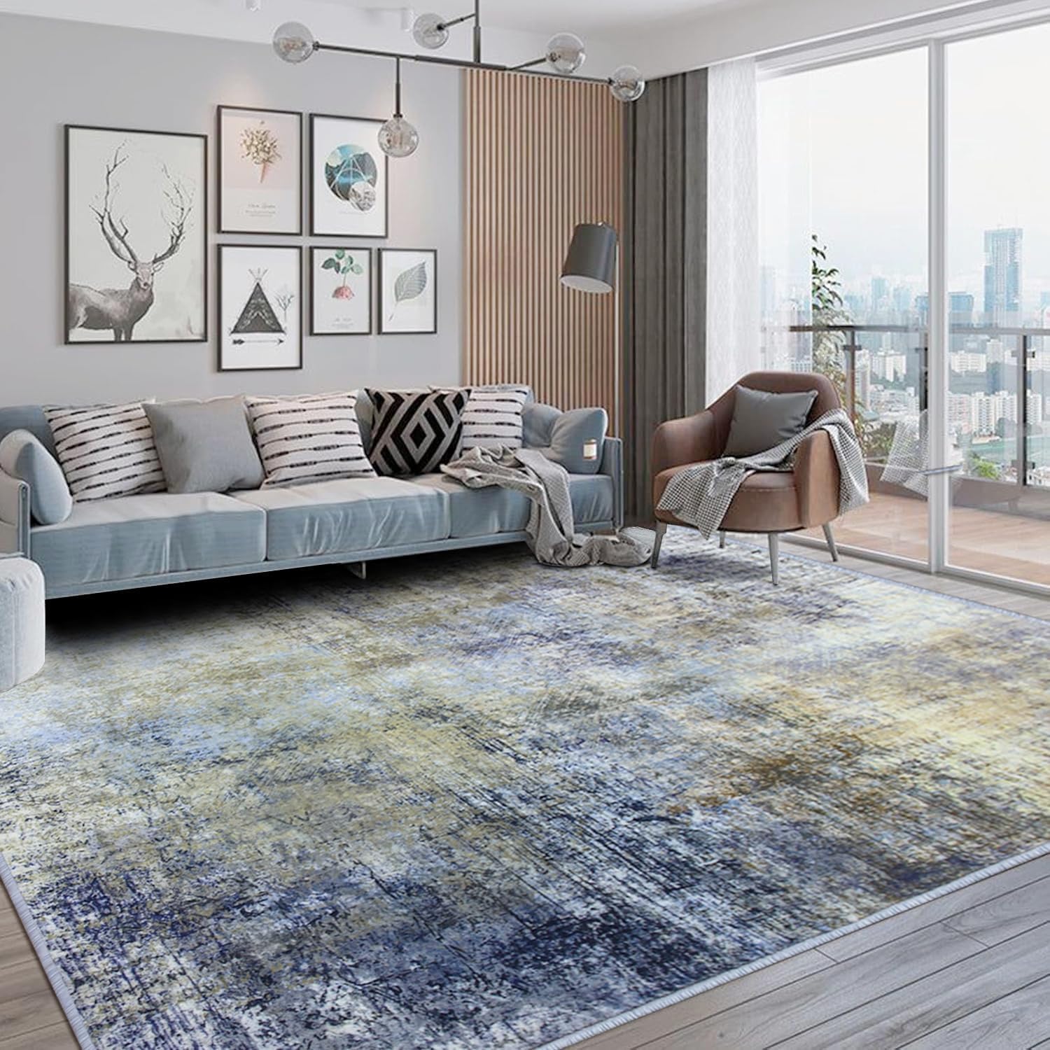 Jiyuhang Teppich Wohnzimmer – Moderner Kurzflor-Teppich mit Farbverlauf und abstraktem Design. Weicher Wohnzimmerteppich geeignet für Schlafzimmer und Esszimmer (Blaugrau/Beige, 140x200 cm)
