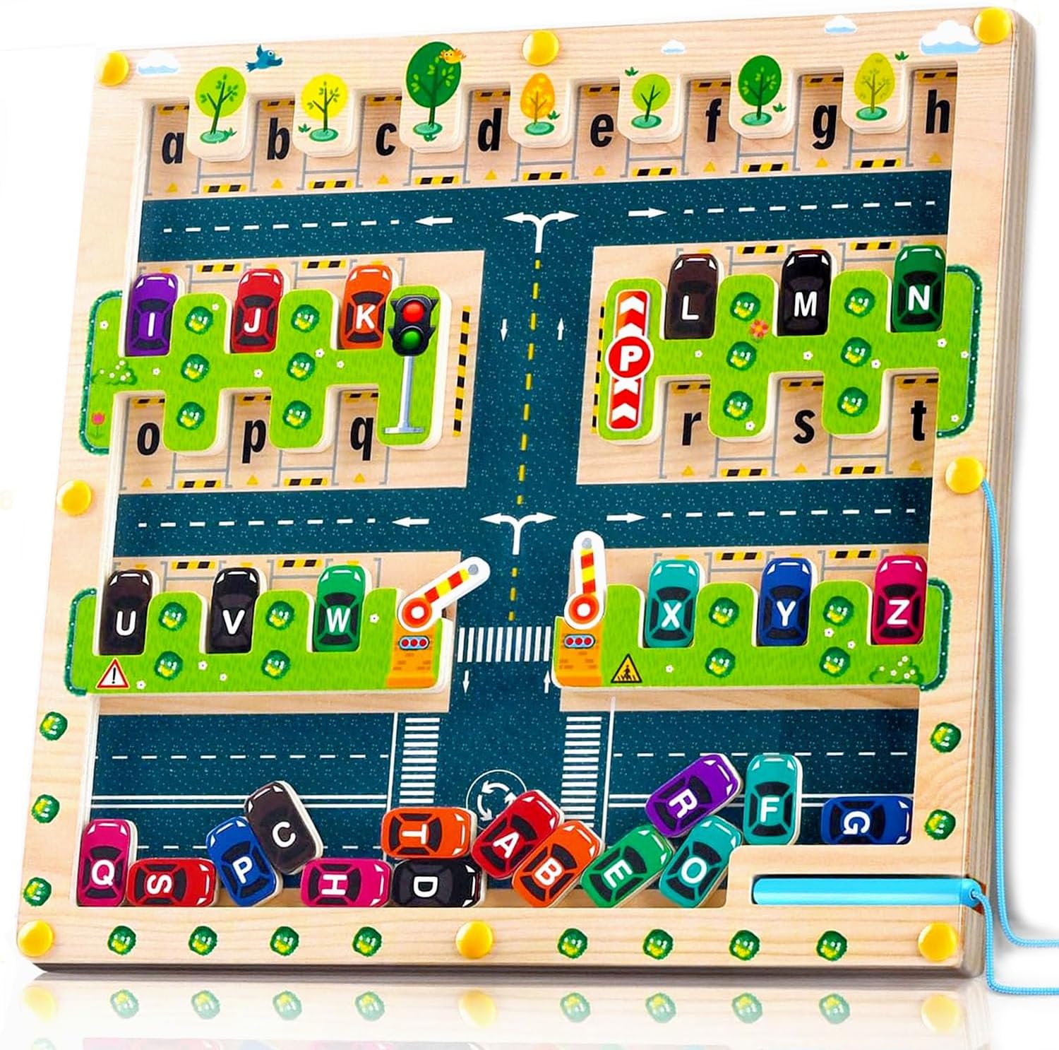 Magnetic Alphabet Maze Toys for 3 4 5 Year Old Boys and Girls Toddlers Learning Activities Toys Cute Car Letters ABC Montessori Fine Motor Skills Toys for Kids Travel Toys for Kids (Traffic) Green