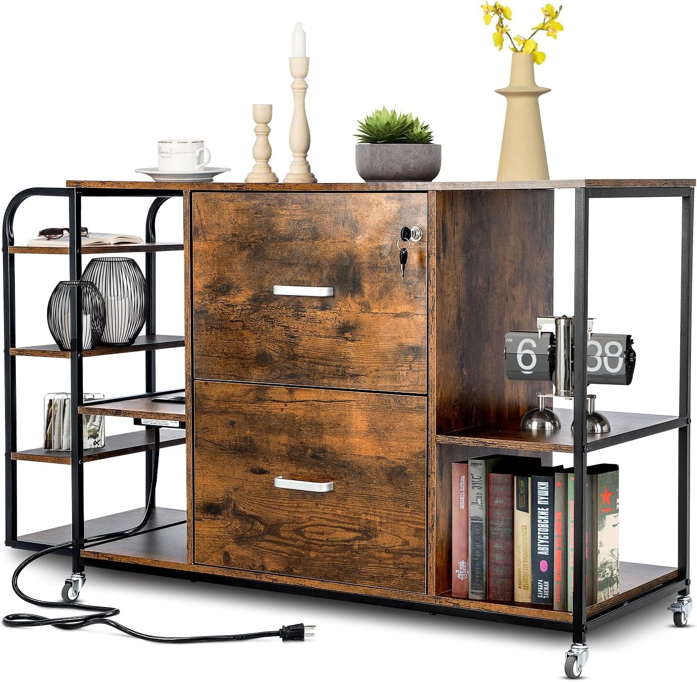 YORKING Lateral File Cabinet, 2 Drawer Mobile Filing Cabinet with Outlet, Open Storage Side Shelves, Locking Drawer Fits A4/Letter/Legal Size File Cabinets for Home Office, Brown