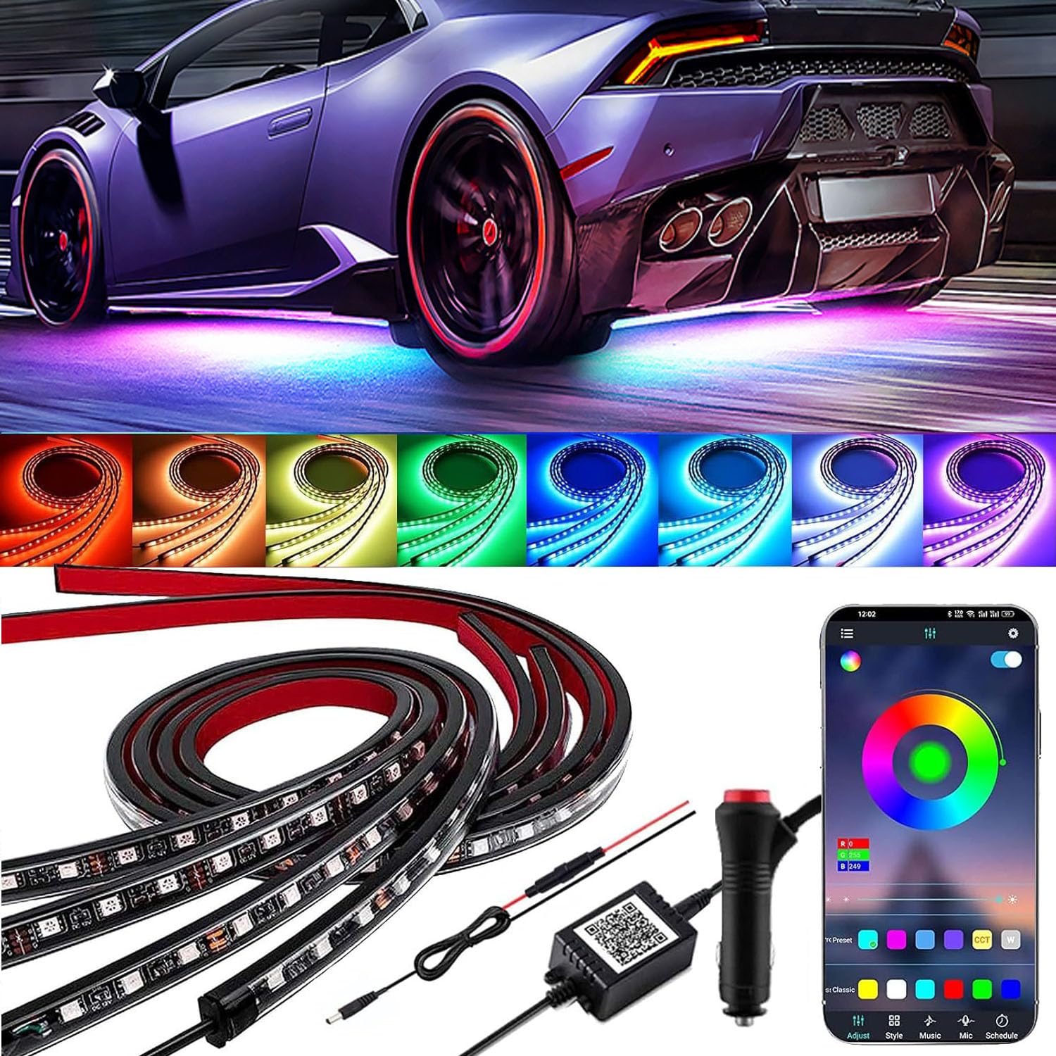 YUGUANG 4 PCS unter Beleuchtung für Auto, APP-Kontrolle Mehrfarbige Lichter synchronisiert mit Musik RGB Lichtstreifen wasserdicht für Autos, SUVs.