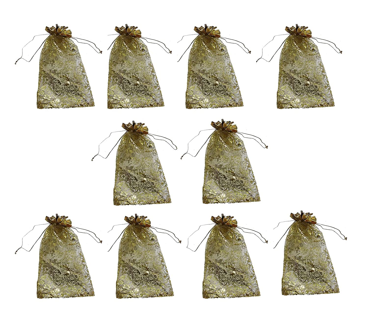 Silk Chuz N Pick Set Of 10 Golden Design Potli Bags With Semi Transparent Cloth Tissue Drawstring Return Gifts Potli Bag Jewellery Bags Size 8 * 6 Inches-image-49