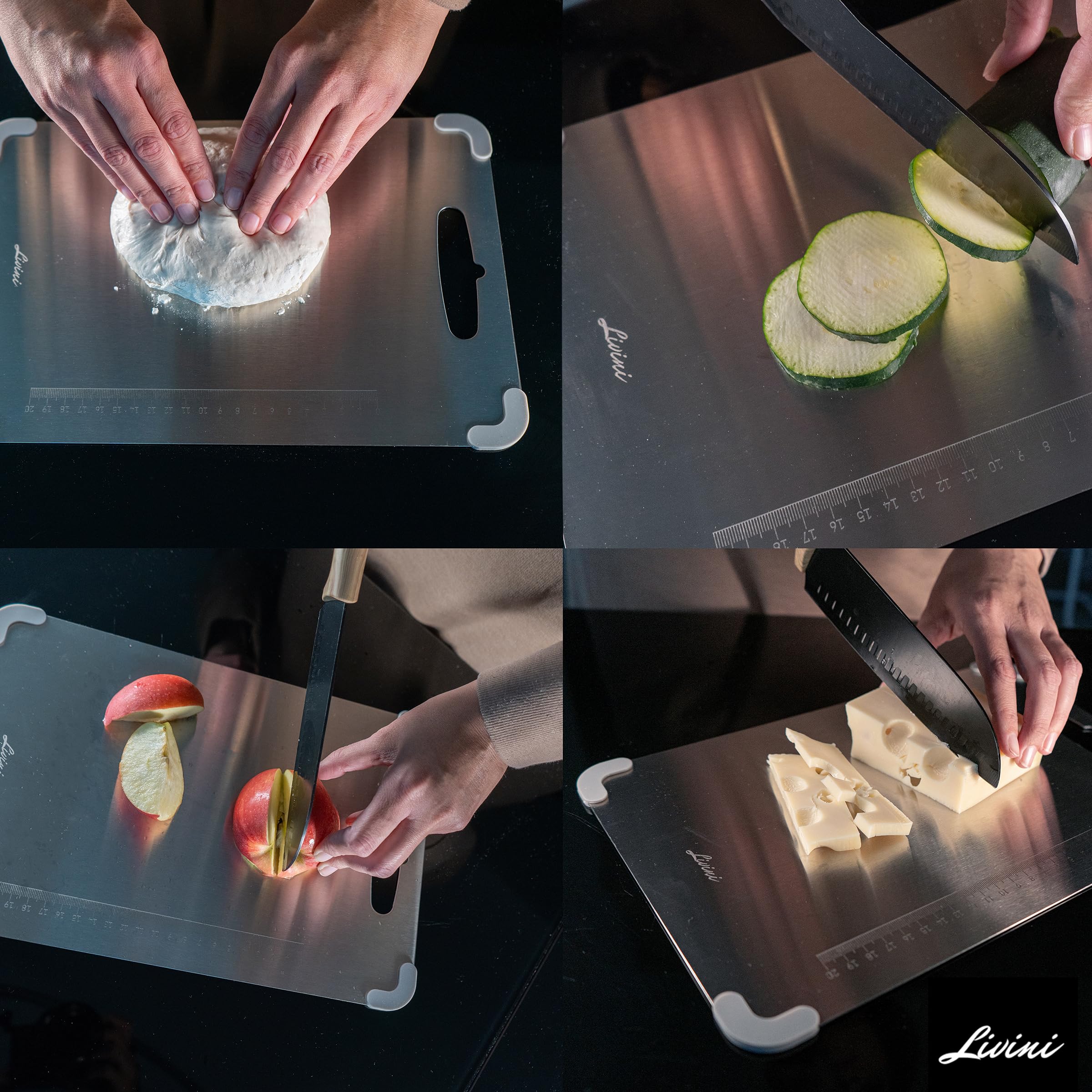 LIVINI Tagliere in Acciaio Inox 304 Alimentare 34x23cm, Tagliere da Cucina Professionale con Angoli Antiscivolo Rimuovibili in Silicone Antibatterico, Righello inciso per un Taglio preciso