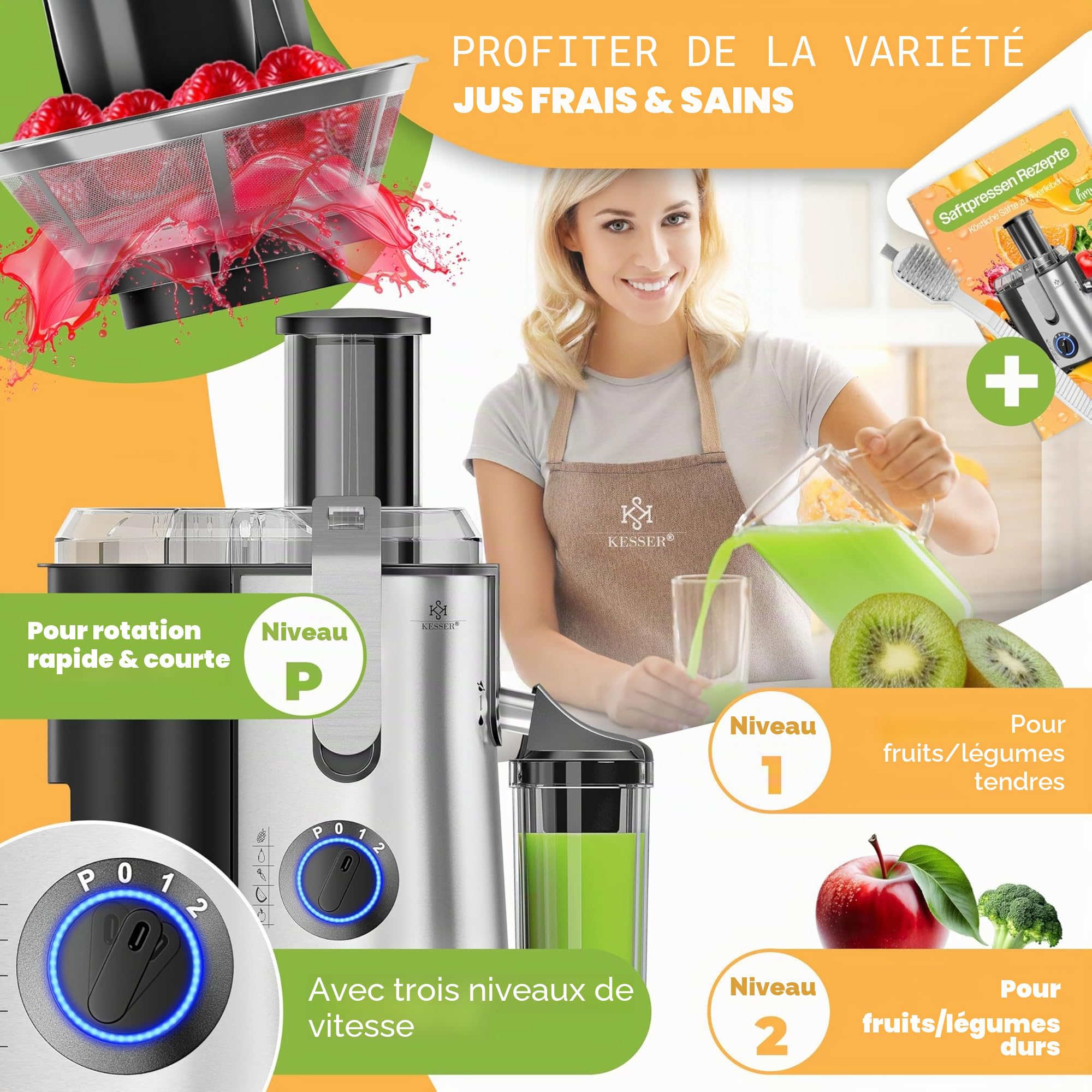 KESSER - Centrifugeuse en Inox Fruits et légumes 1100W, Extracteur de jus, Capacité 1L, Ouverture 85mm