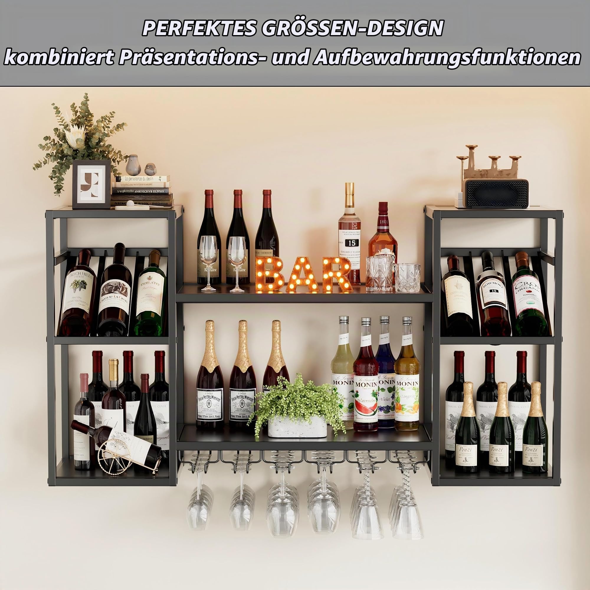 Wand-Weinregal Metall 120CM 3 Ebenen Weinregal Wand mit Glashalter Moderne Barregale für Spirituosen Multifunktional Weinpareite Display Rack für Hausbar Esszimmer Küche Restaurant,Schwarz 120*25*60CM