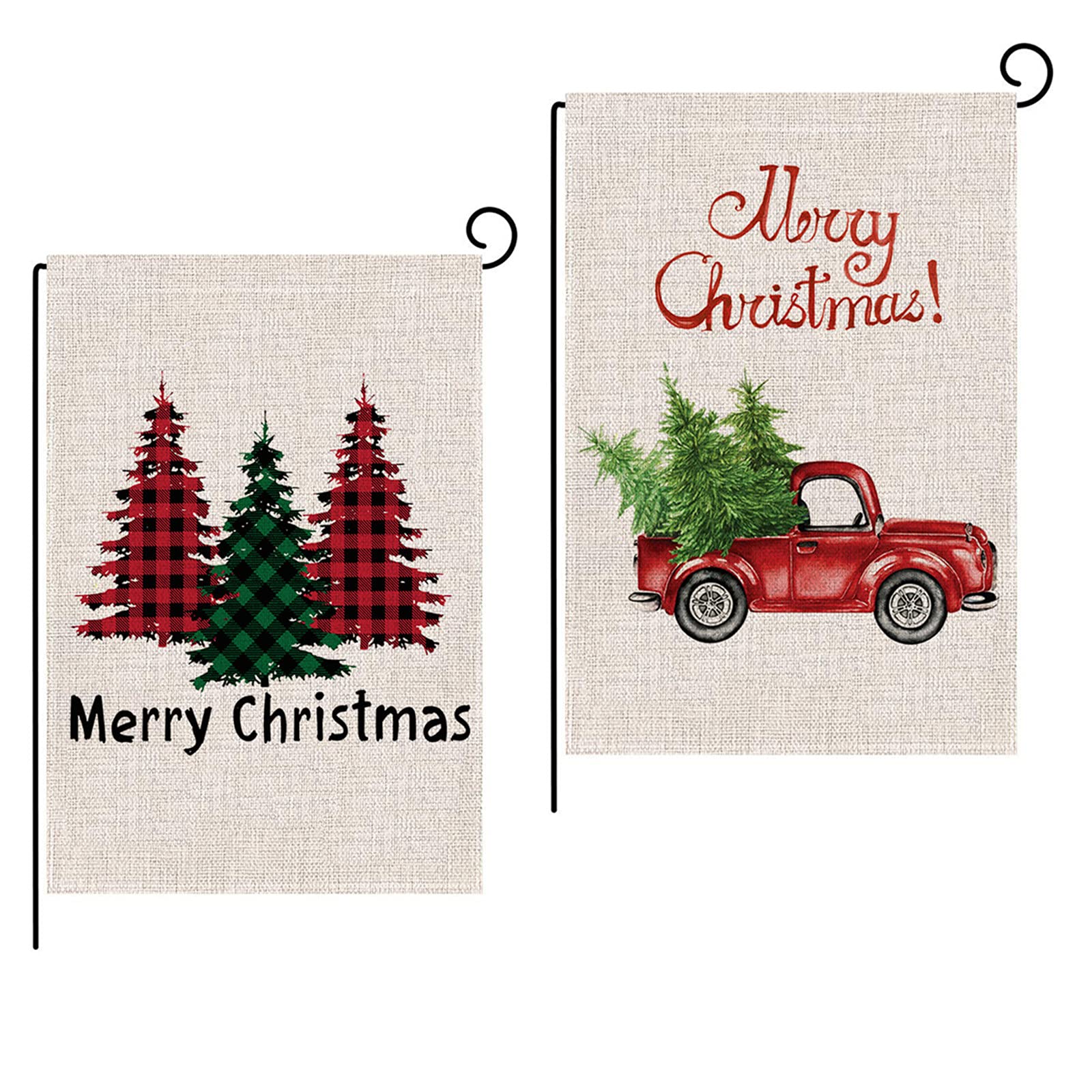 Photo 1 of 2Pcs Merry Christmas Garden Flags, 12.5 x 18 Inch Vertical Double Sized Christmas Tree Gnomes Red Truck Burlap Flag for House Yard Outdoor (Christmas Tree and Red Truck)