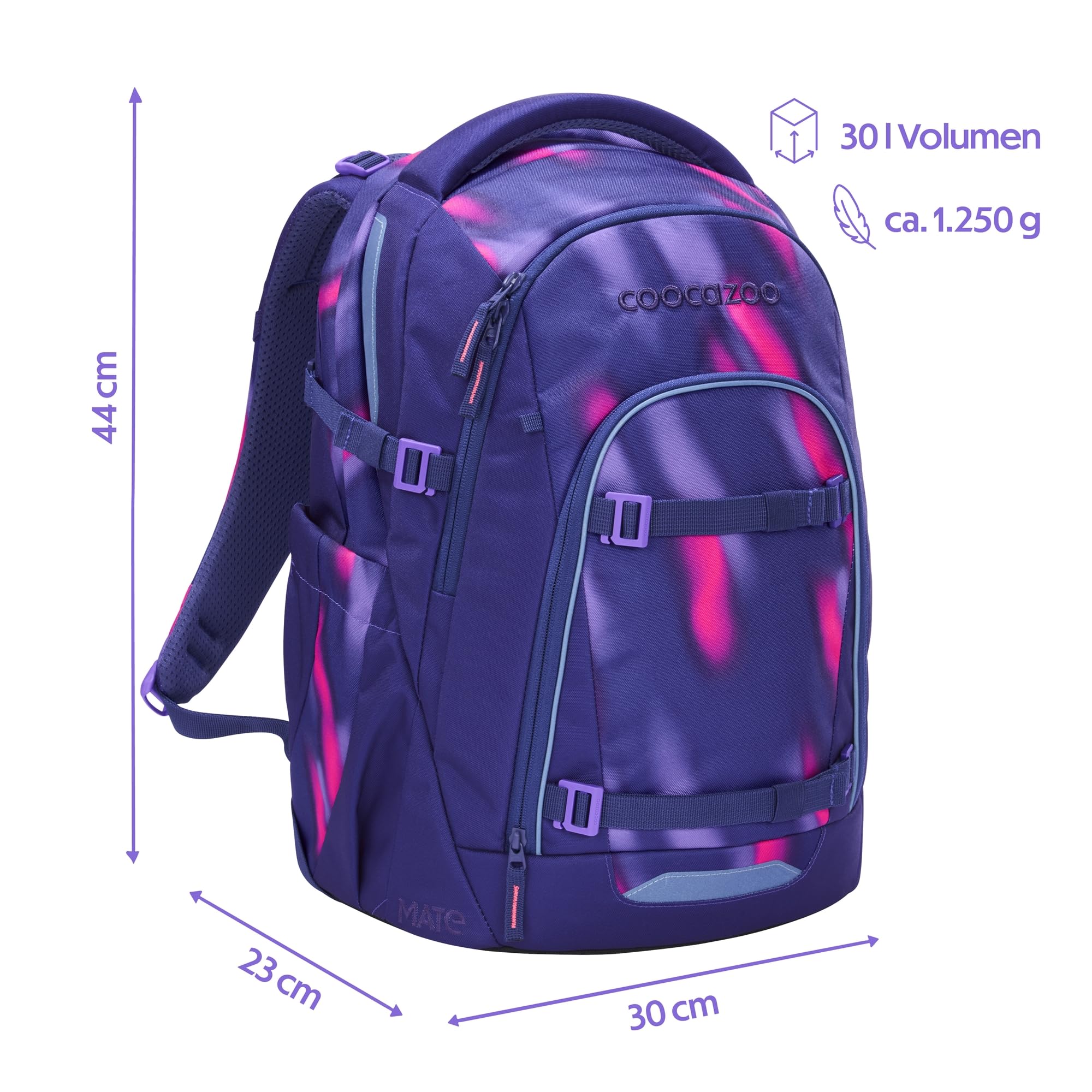 Coocazoo Mate - Zaino per la scuola, ergonomico, regolabile in altezza e dimensione, con cintura toracica e cintura in vita, Aurora Glow - Viola, Aurora Glow