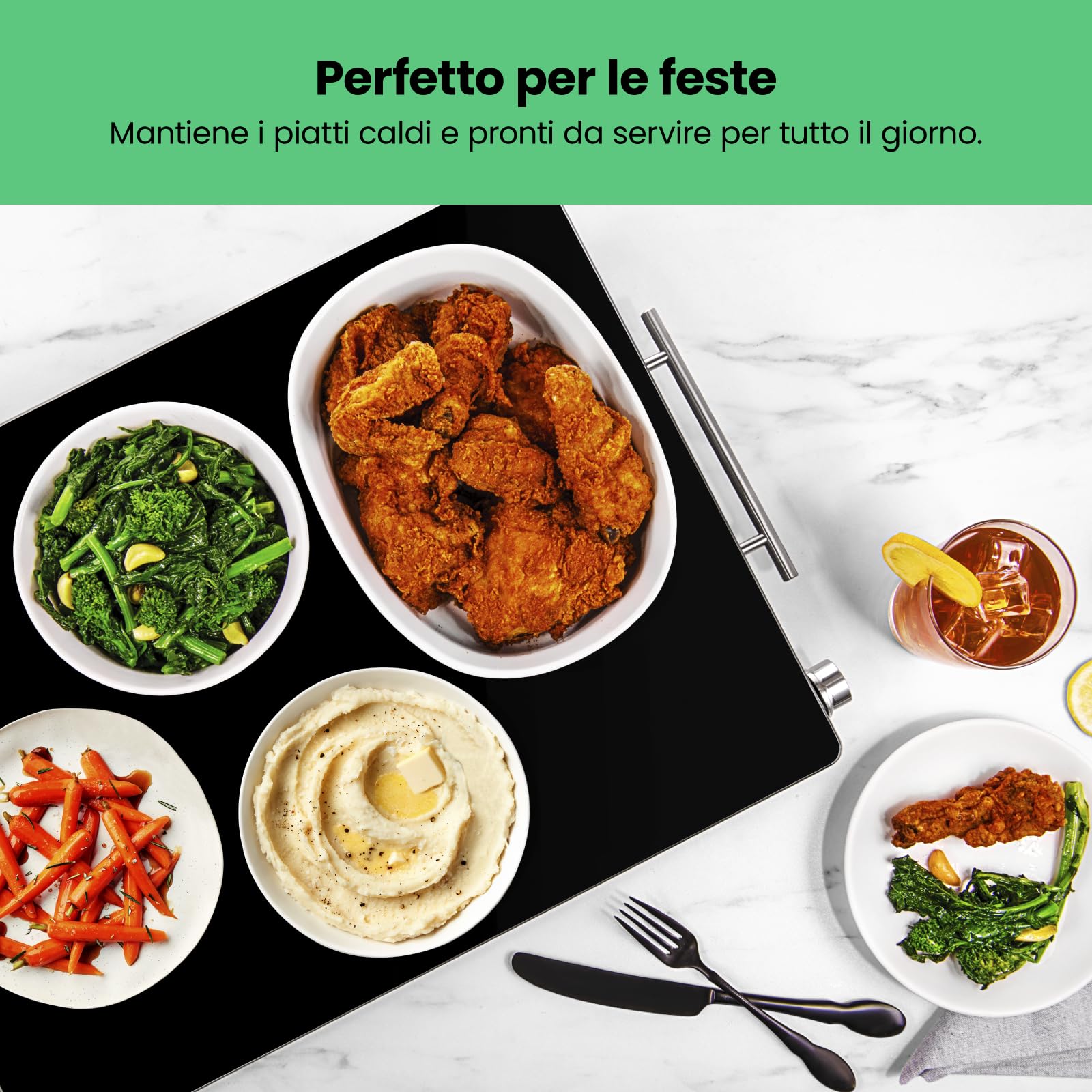 Scaldavivande elettrico Chefman con temperatura regolabile, perfetto per buffet, ristoranti, feste, eventi e cene a casa, superficie in vetro 25" x 18" per mantenere il cibo caldo – Nero