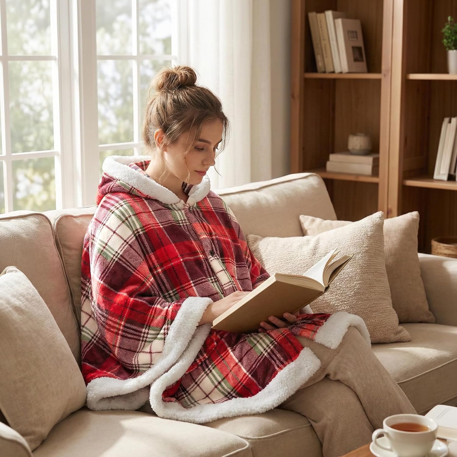PAVILIA Wearable Blanket for Adult Women, Cozy Plush Fleece Blanket Poncho Cape with Hood, Super Soft Shawl, Angel Wrap Throw for Office, Tartan Plaid - Image 4