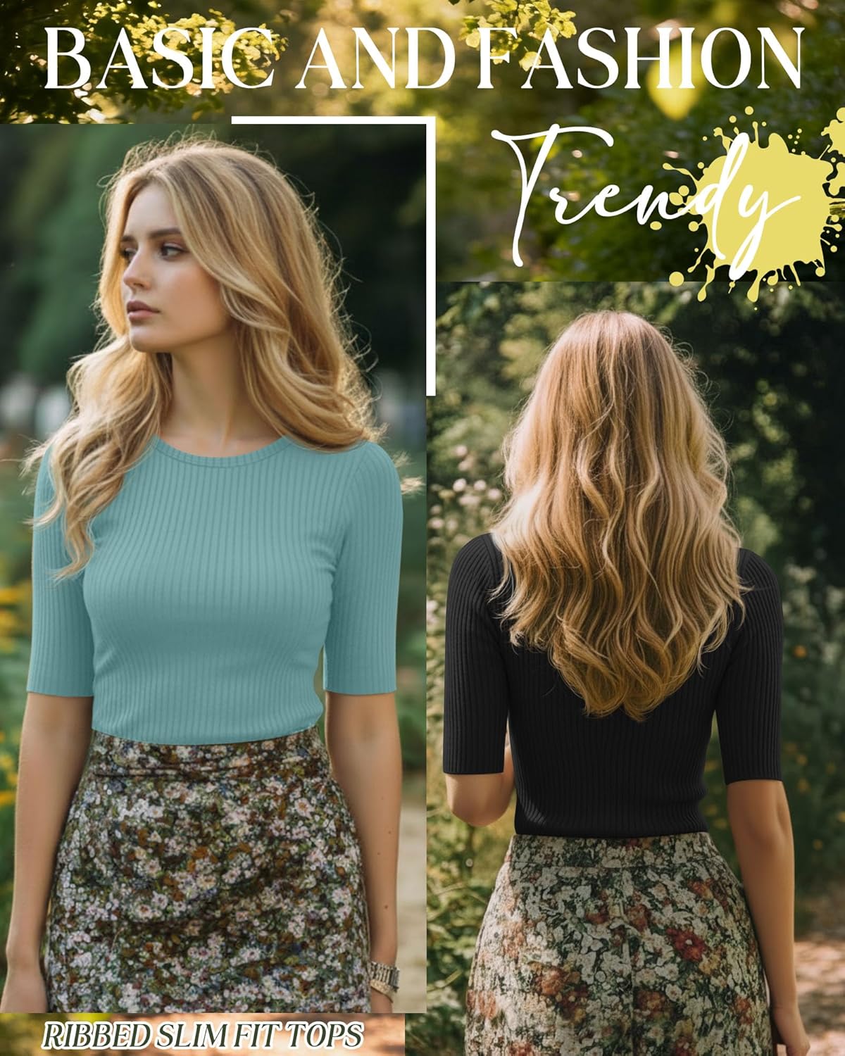 Riyiper 3 Pack Women's Half Sleeve Tops, Elbow Length Ribbed Cotton T Shirt Crew Neck Summer Tee Slim Fit Casual Blouses - Image 4