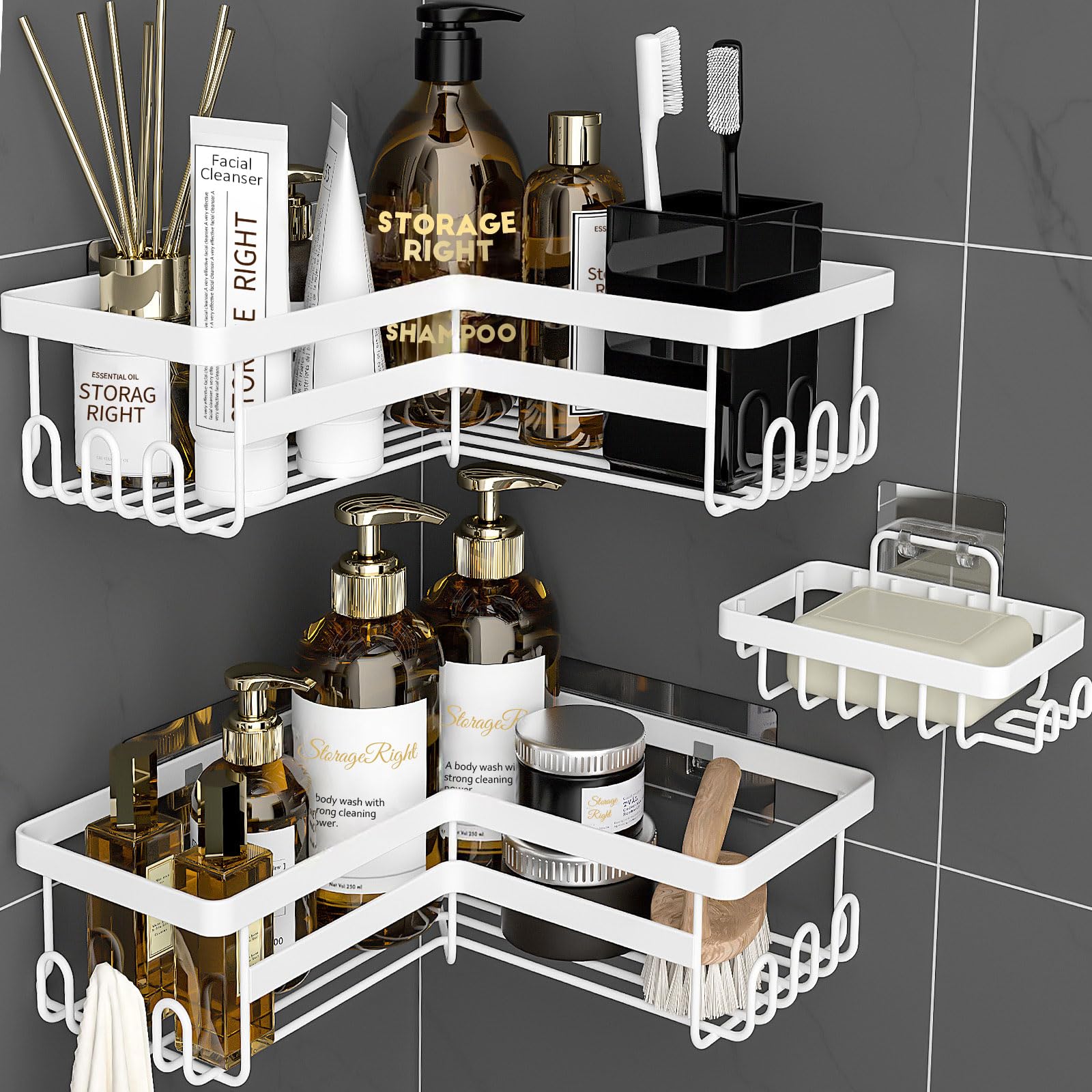 StorageRight Corner Shower Caddy 3 Pack Adhesive Bathroom Accessories with Soap Holder Storage Stainless Shower Organizer Shelf with