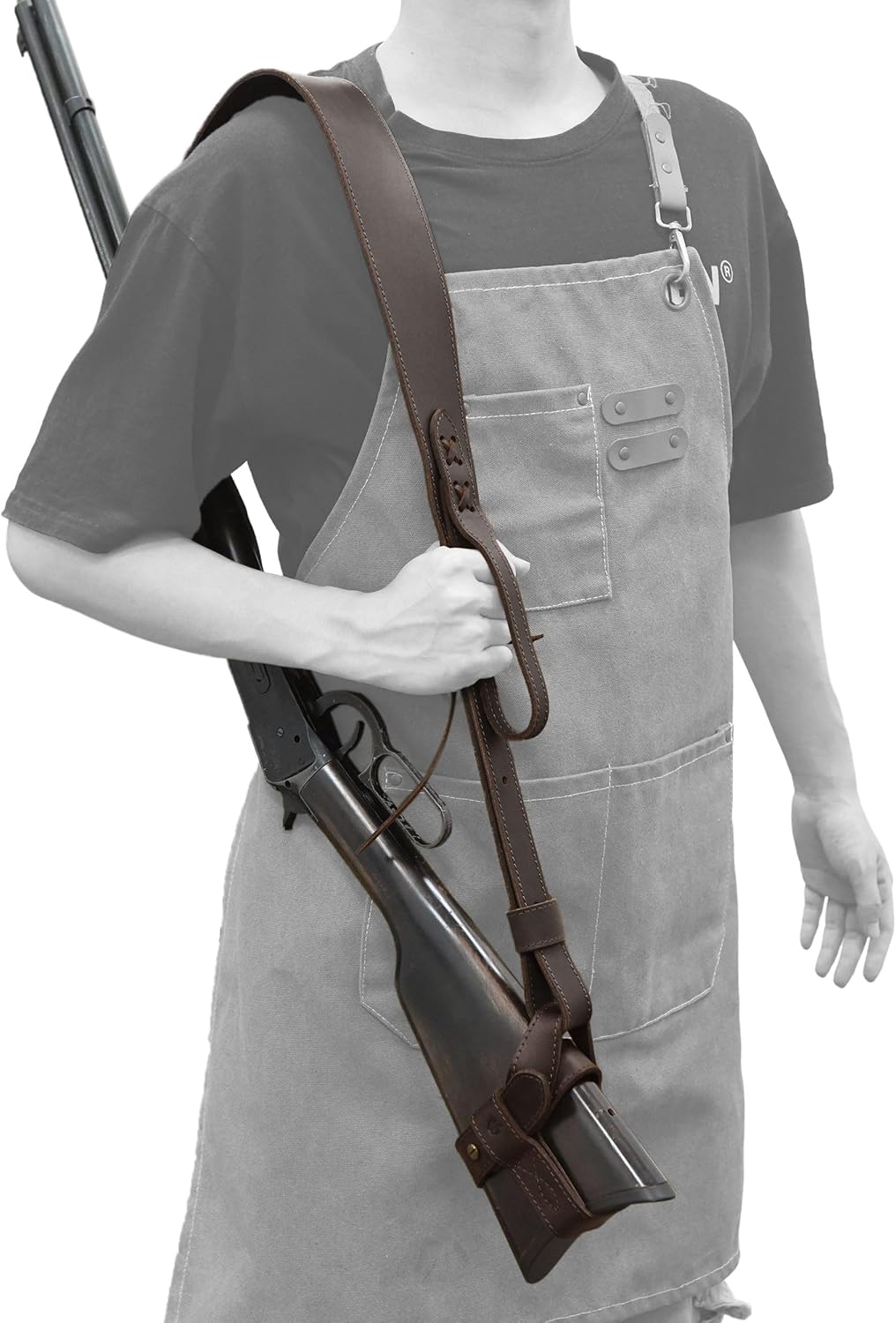 WAYNE'S DOG No Drill Leather Rifle Sling with Stock Harness and Barrel Mount Universal fit Lever Action Rifles, Crescent Shape Stock