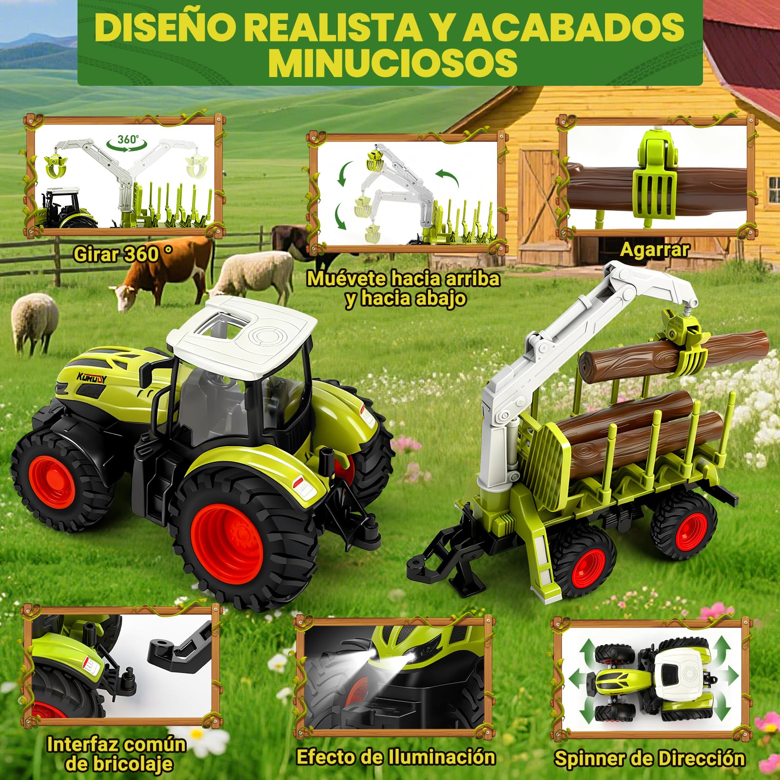 BuzzoXerex Tractor Teledirigido para Niños, 2,4 GHz Tractor RC Juguete con Remolque y Luz, 1:16 Tractores Juguetes para Niños 4, 5, 6 años