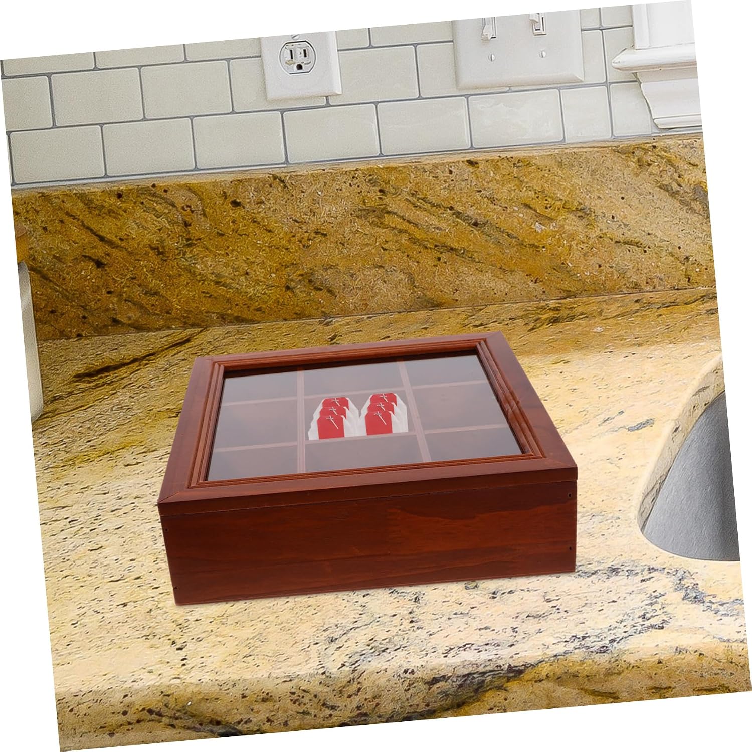 Zerodeko Wooden Tea Bag Storage Box Window Compartment Organizer for Tea and Coffee Packets Compact Design for Kitchen and Office Use