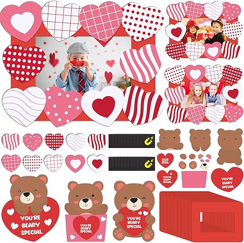 Miniatura 1 de Lineshading Juego de 24 manualidades de San Valentín para niños, marco de fotos, kit de manualidades con imán de oso de corazón, manualidades con
