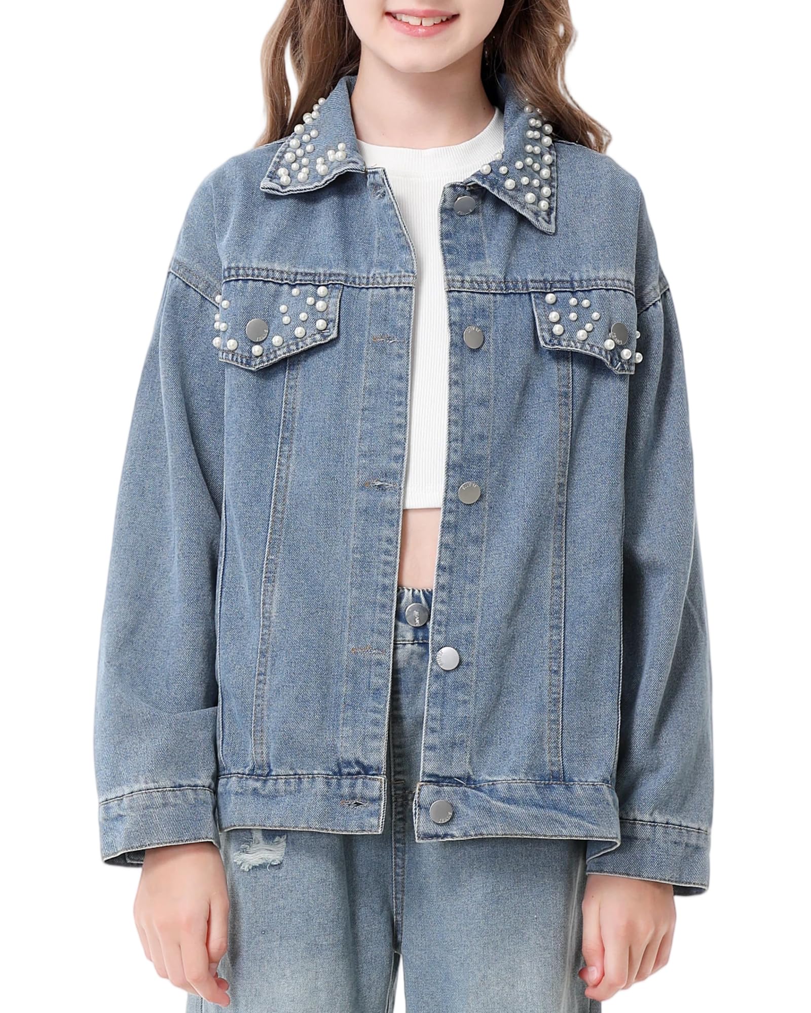 Rolanko Chaquetas de mezclilla para niñas, chaqueta básica de gran tamaño para niñas, ropa de otoño con botones, chaqueta de camionero de 5 a 14 años