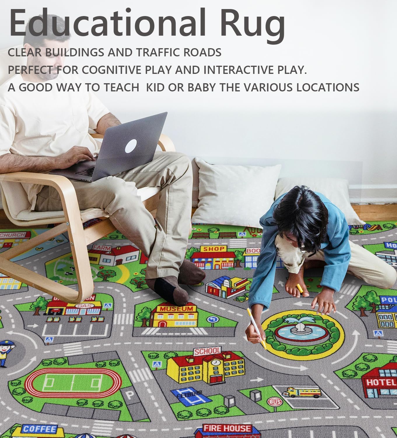 Tapis de jeu de voiture antidérapant pour enfants, motif carte de ville, lavable en machine, éducatif