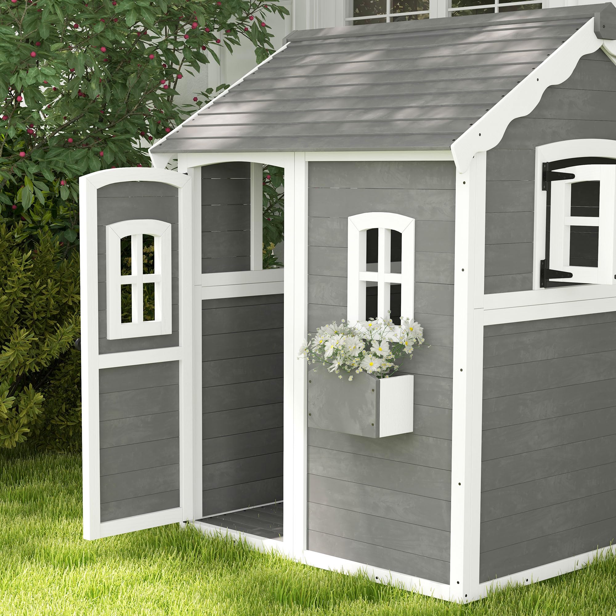 Outsunny Kinderspielhaus aus Holz mit Tür, Fenster, Gartenhaus Pflanzkasten für Kinder 3-8 Jahre