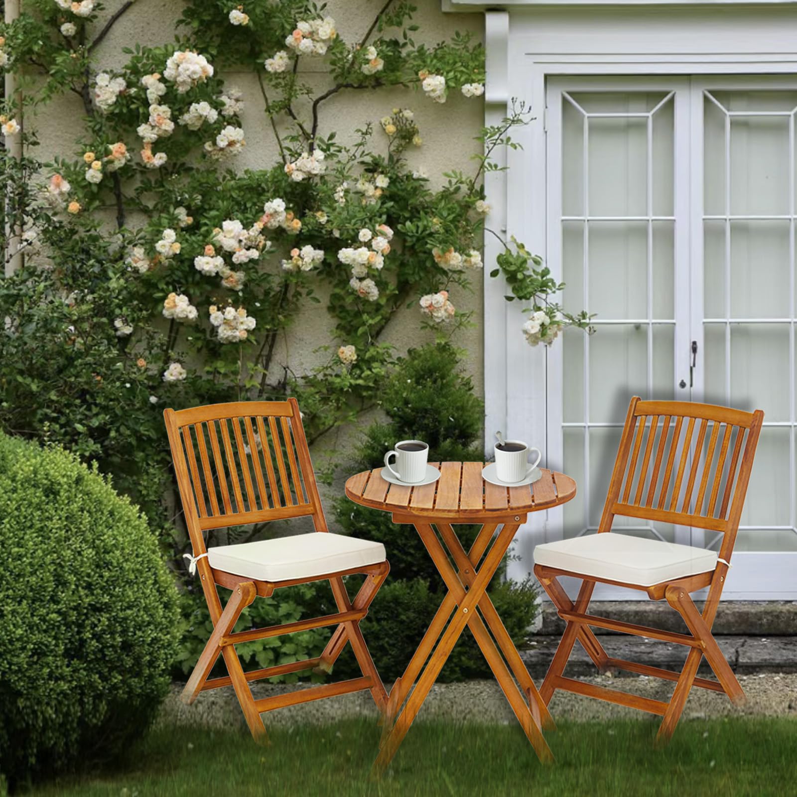 LIFEZEAL Set da Bistrò per Balcone Pieghevole, Set di Mobili da Esterno, 3 Pezzi, Set Tavolo e Sedie da Giardino con Cuscino Imbottito in Legno di Acacia, Tavolo Portato 80kg, Sedie Portate 160kg