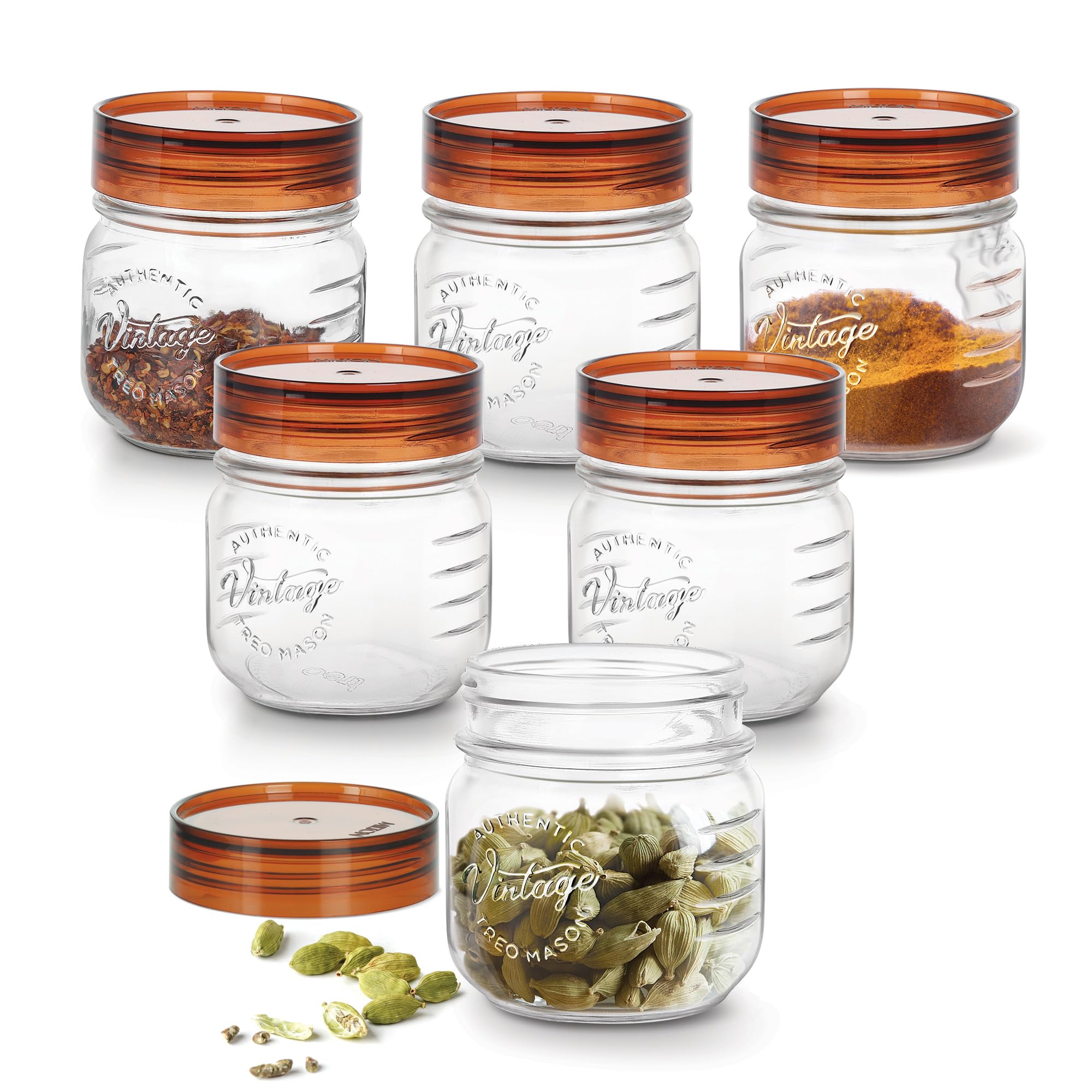 Treo By Milton Vintage Glass Jar With Plastic Lid, set of 6, 300 ml, Transparent |Storage Jar | Kitchen Organiser | Modular |Food Safe | Transparent | Refrigerator Safe | Air Tight