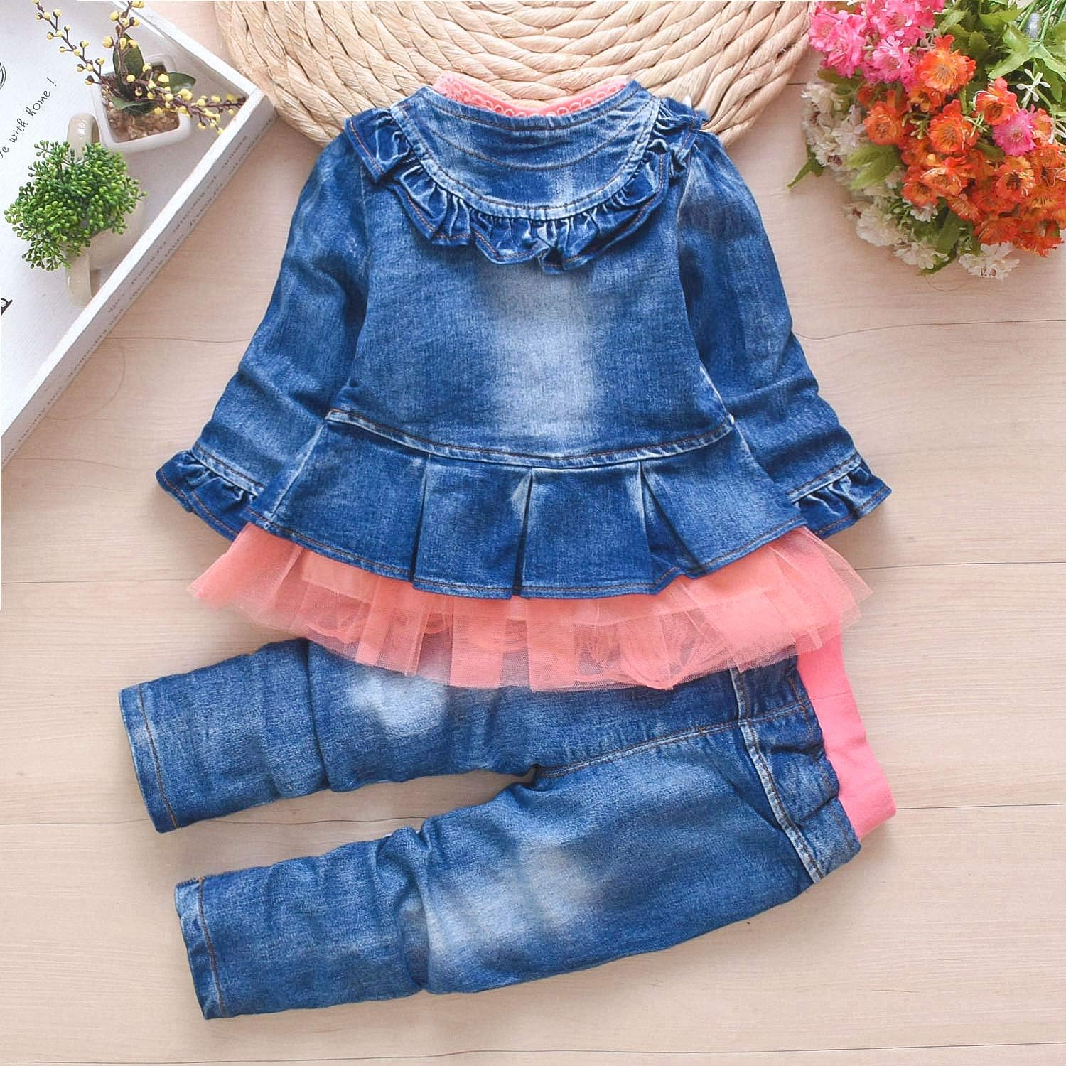 Peacolate 6M-4Years Spring Fall Baby Girls Clothing Set 3pcs Long Sleeve Dress Denim Jacket and Jeans - Image 4