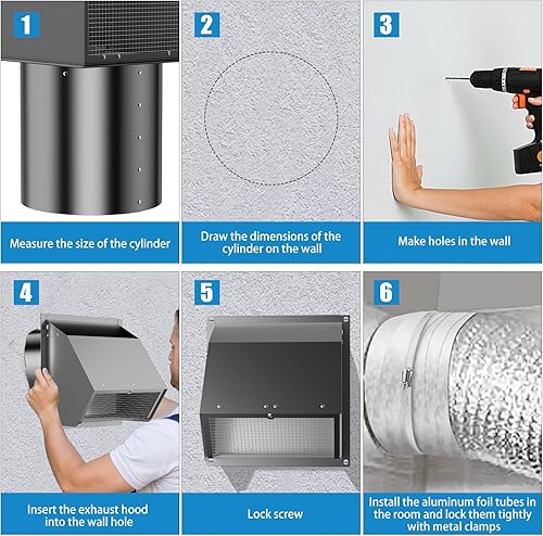 Miniatura 6 de Ventilación de pared con capucha de 6 pulgadas con rejilla y amortiguador, tapa de ventilación de escape de pared, cubierta de ventilación de