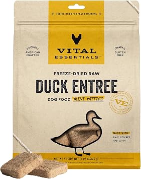Vital Essentials Freeze Dried Dog Food, Duck Mini Patties, 14 oz Bag | Soft, Complete Meal or Topper, Made With 99% Duck, Organs & Bone, High Protein Raw Nutrition, Grain-Free Recipe