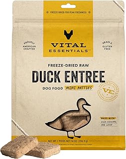 Vital Essentials Freeze Dried Dog Food, Raw Duck Mini Patties | Complete Meal or Topper | High Protein, Grain Free Dry Dog Food | 14 oz Bag