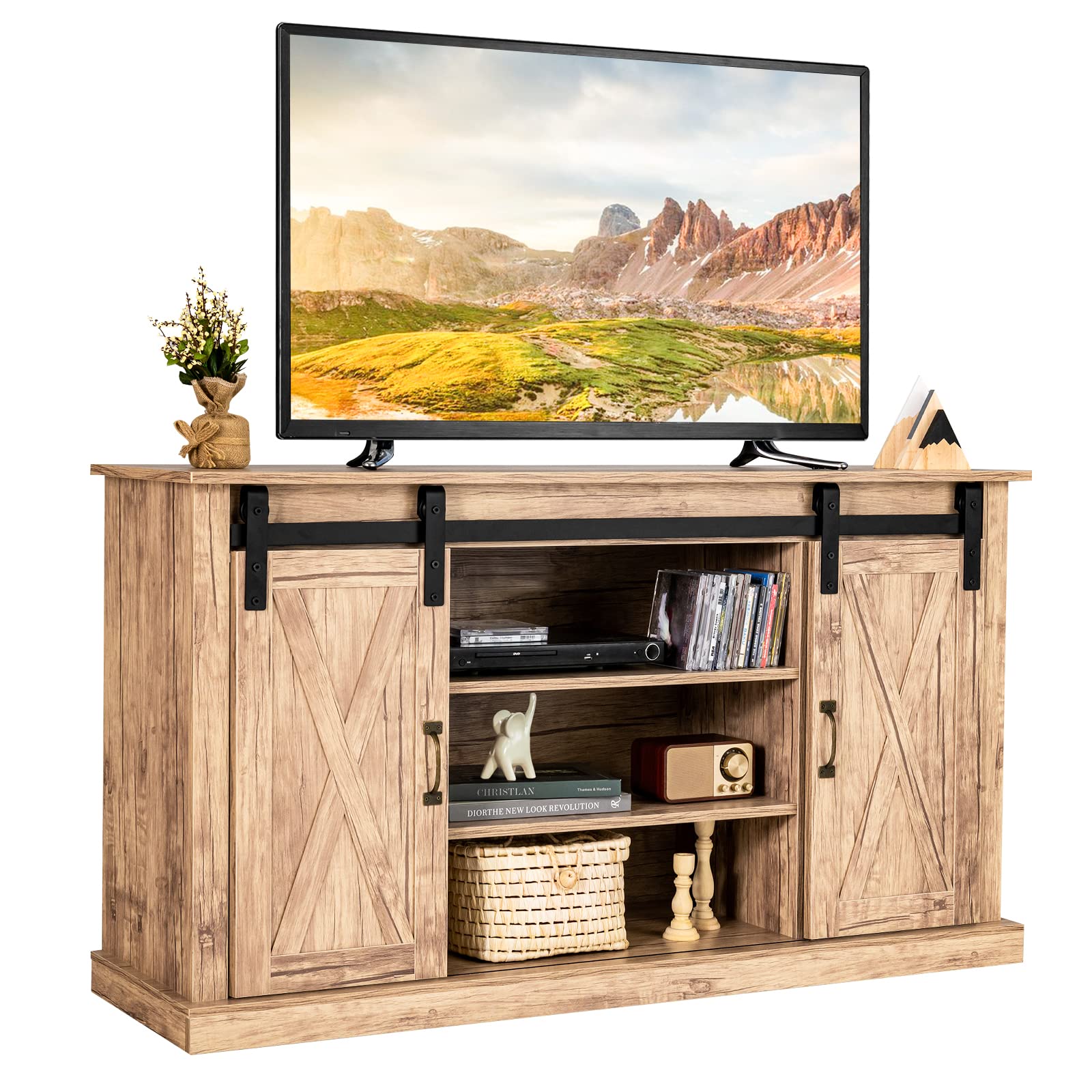 Tangkula Sliding Barn Door TV Stand for TVs up to 65", Farmhouse Media Console Table w/Adjustable Shelf, Rustic Wood Storage Cabinet w/Cable Holes, Vintage Entertainment Center for Living Room