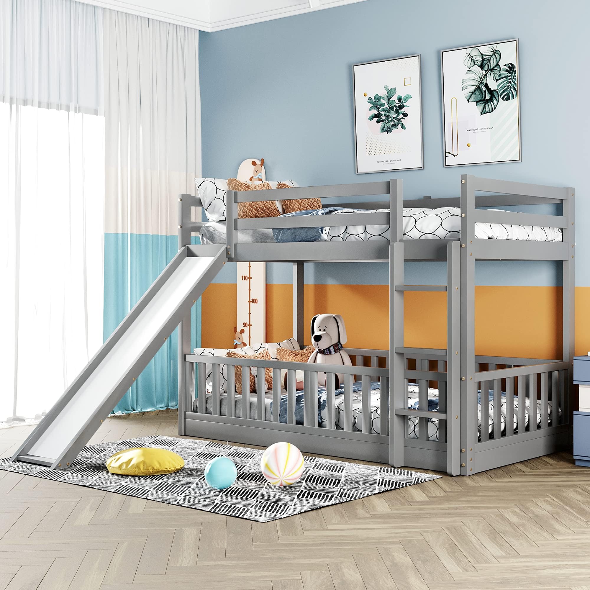 Bellemave Twin Over Twin Floor Bunk Bed with Slide and Ladder, Low Bunk Bed for Kids, Girls, Boys, Removable Fence, Gray