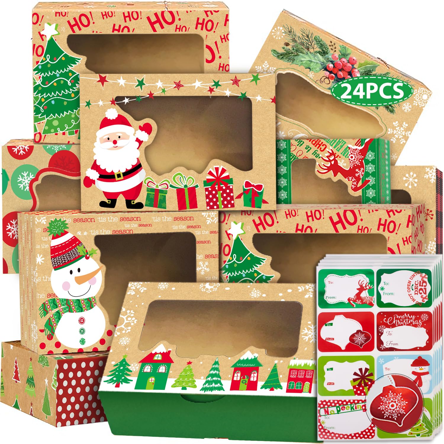 Party Funny 24 Christmas Cookie Boxes -Large Holiday Baked Food Container for Gift Giving with 160 Count Christmas Foil Gift Stickers