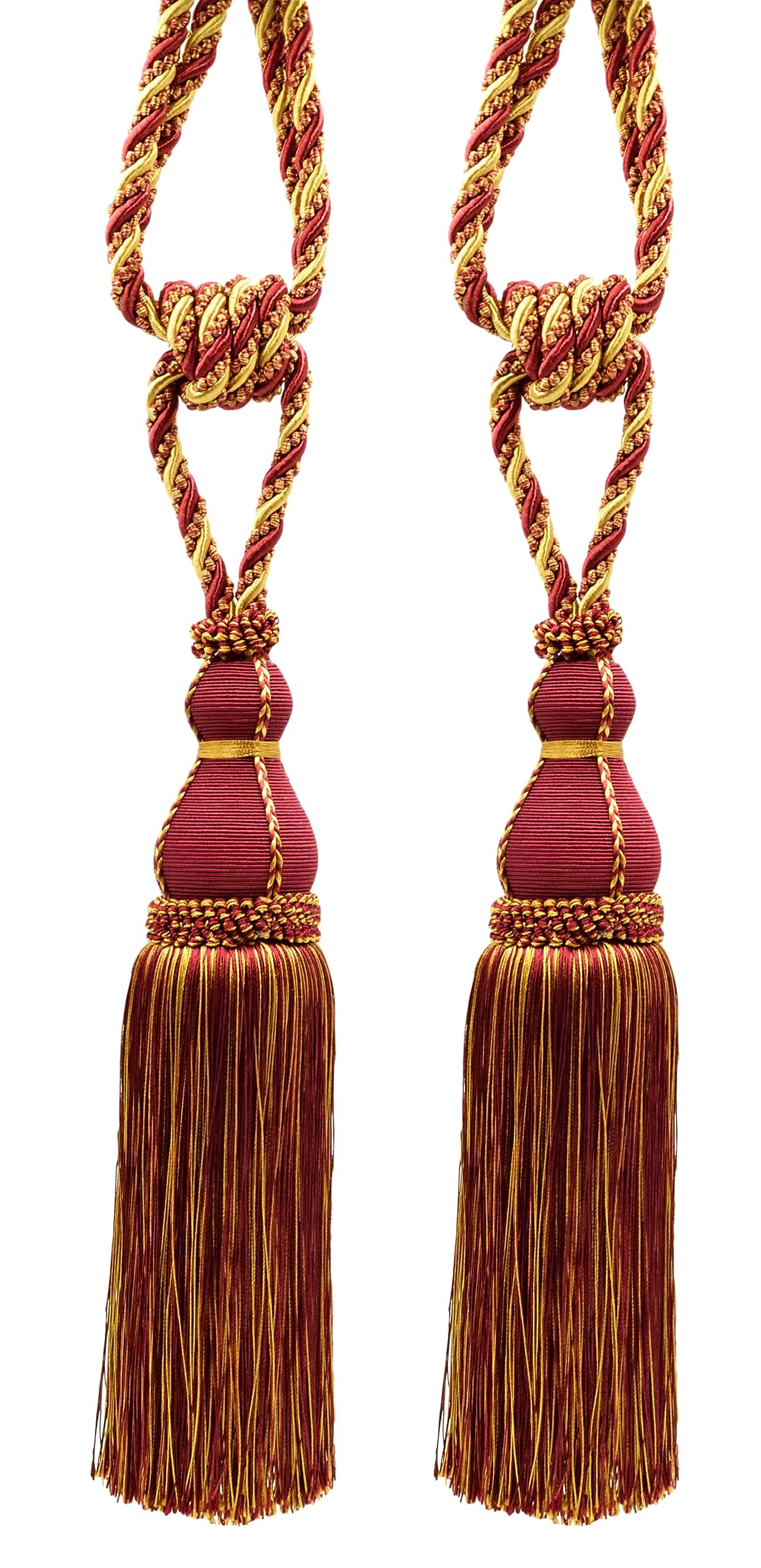 Décopro Burgundy Gold #1253 (Carmine Red, Yellow Gold, Dark Red) Elegant Large Tassel Tieback For Curtains & Draperies, Tassel Length 30.5Cm (12"), Spread 76Cm (30") Tbh15, Burgundy Gold # 1253 (Carmine Red, Yellow Gold, Dark Red) Pack Of 2